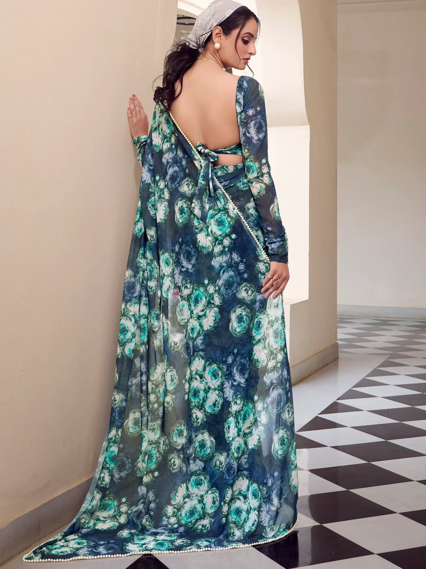 Navy Enchanting Mehendi Floral Printed Georgette Casual Wear Saree