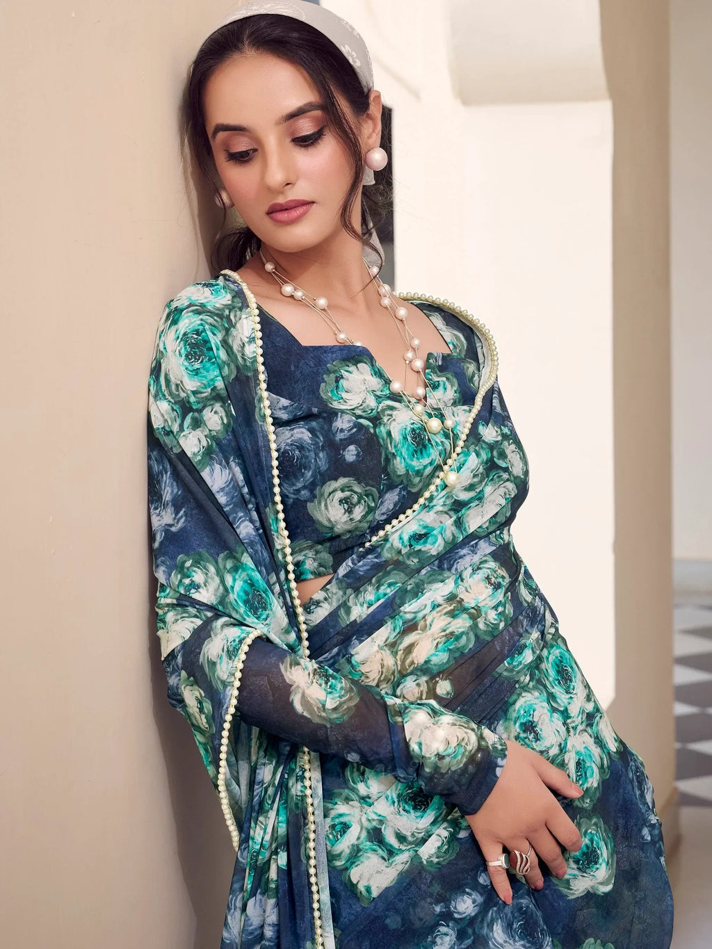 Navy Enchanting Mehendi Floral Printed Georgette Casual Wear Saree