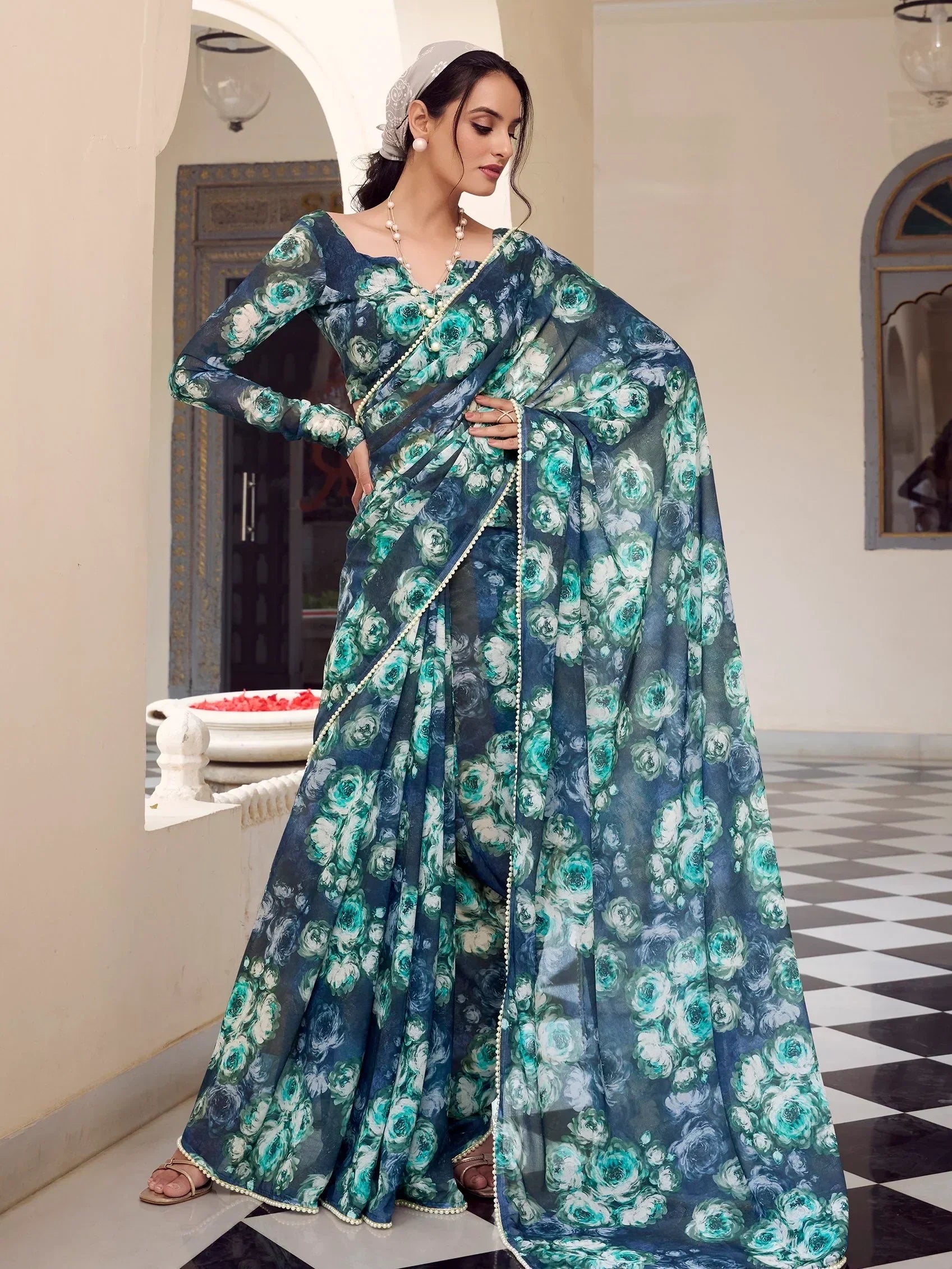 Navy Enchanting Mehendi Floral Printed Georgette Casual Wear Saree