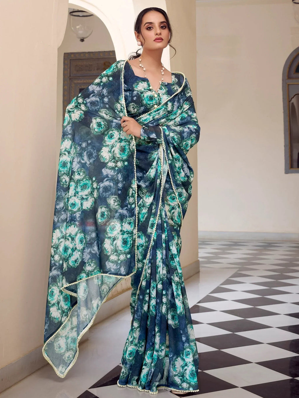 Navy Enchanting Mehendi Floral Printed Georgette Casual Wear Saree