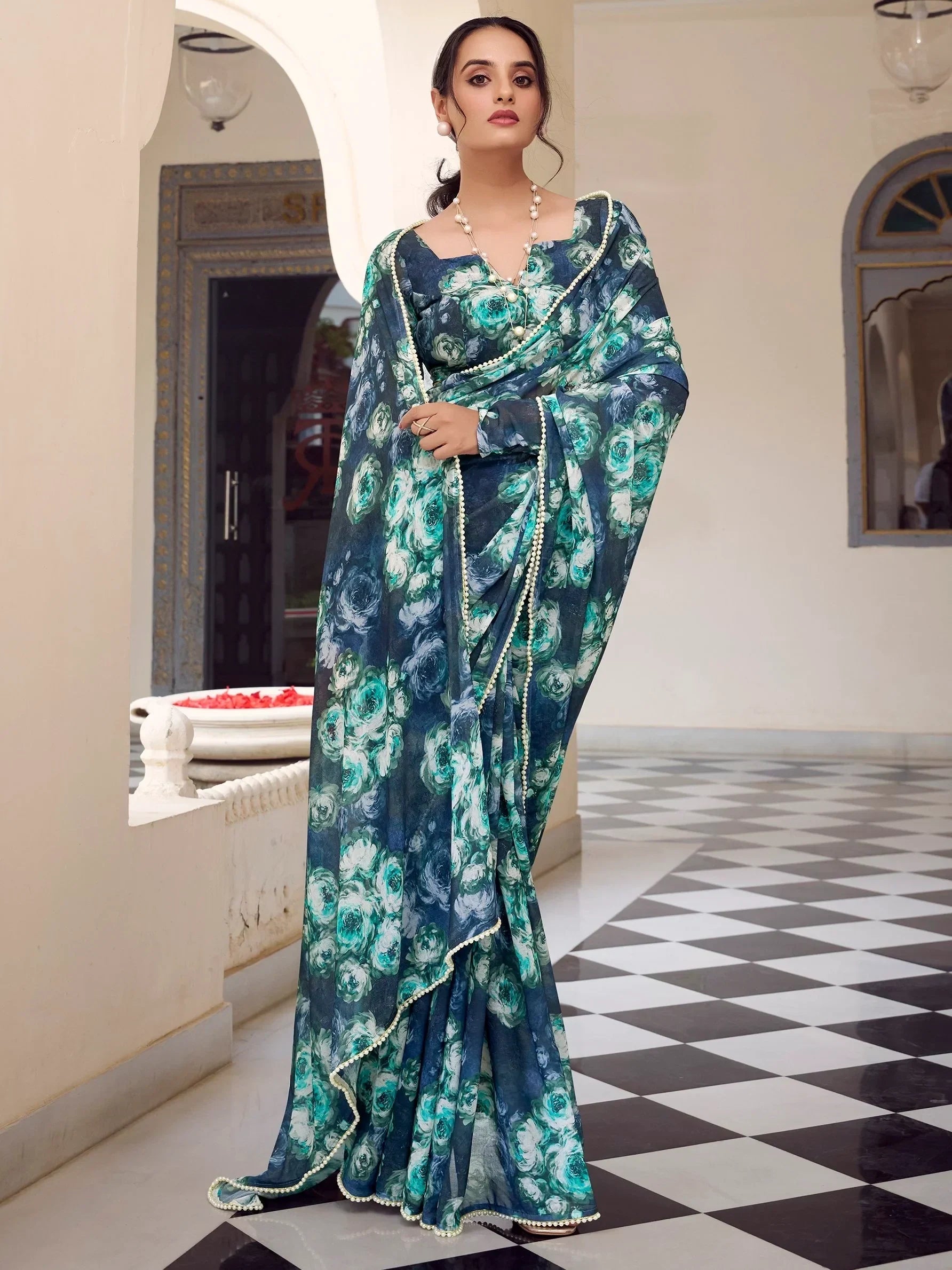 Navy Enchanting Mehendi Floral Printed Georgette Casual Wear Saree