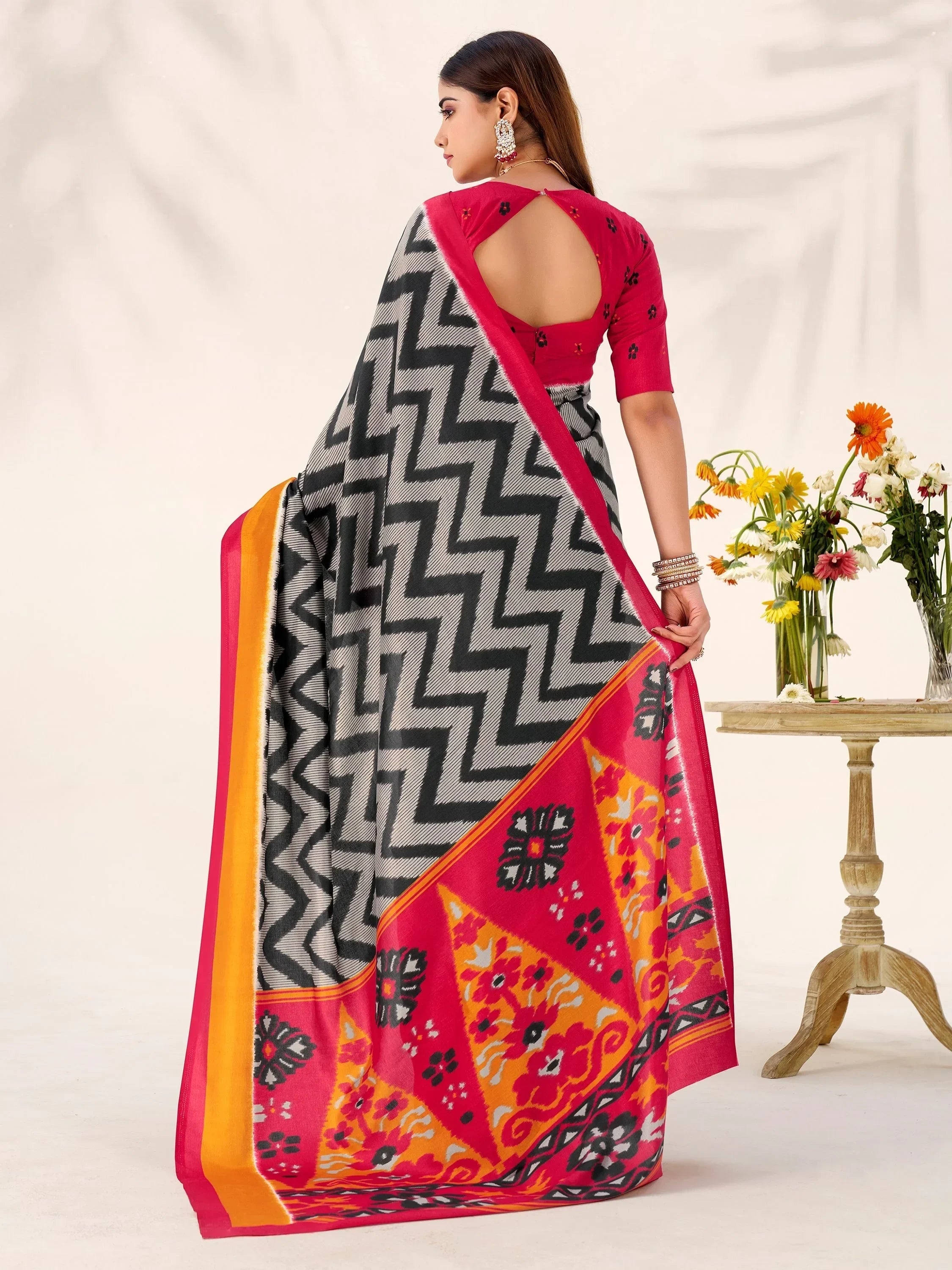 Black Elegant Printed Silk Casual Wear Saree With Blouse