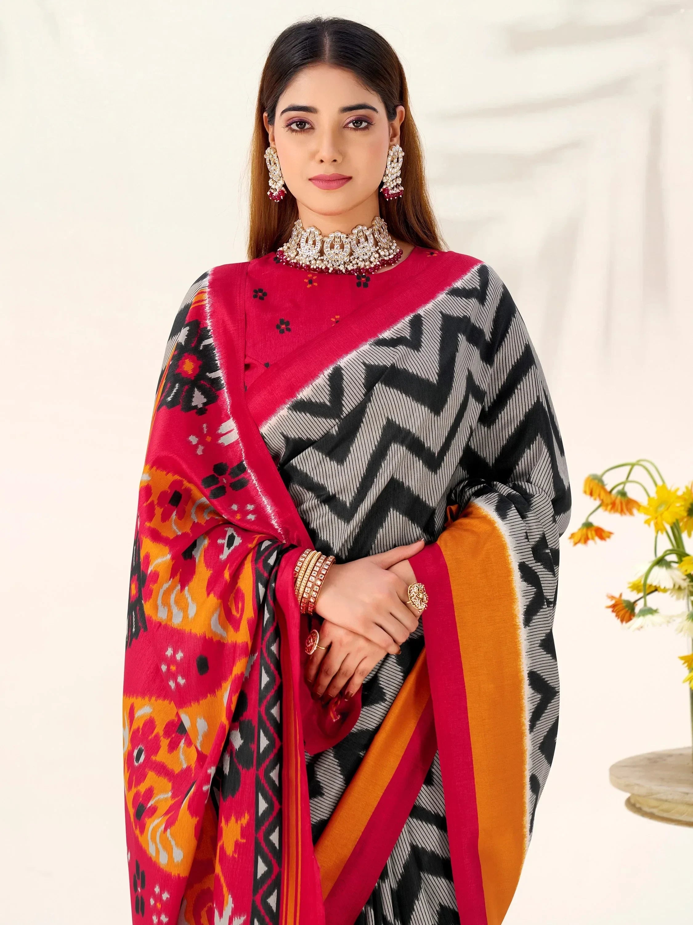 Black Elegant Printed Silk Casual Wear Saree With Blouse