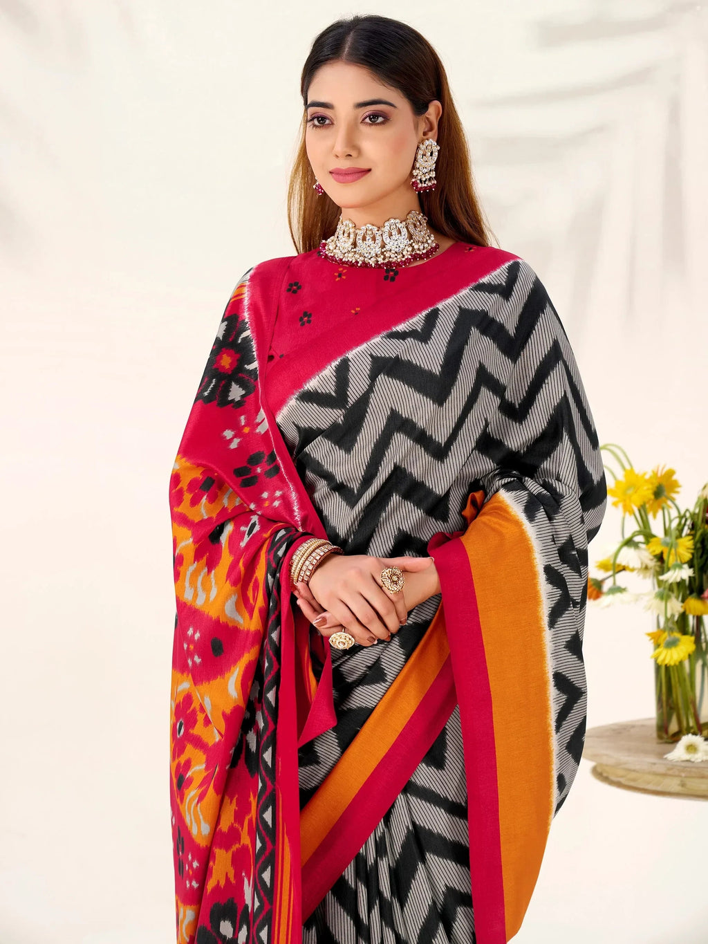 Black Elegant Printed Silk Casual Wear Saree With Blouse