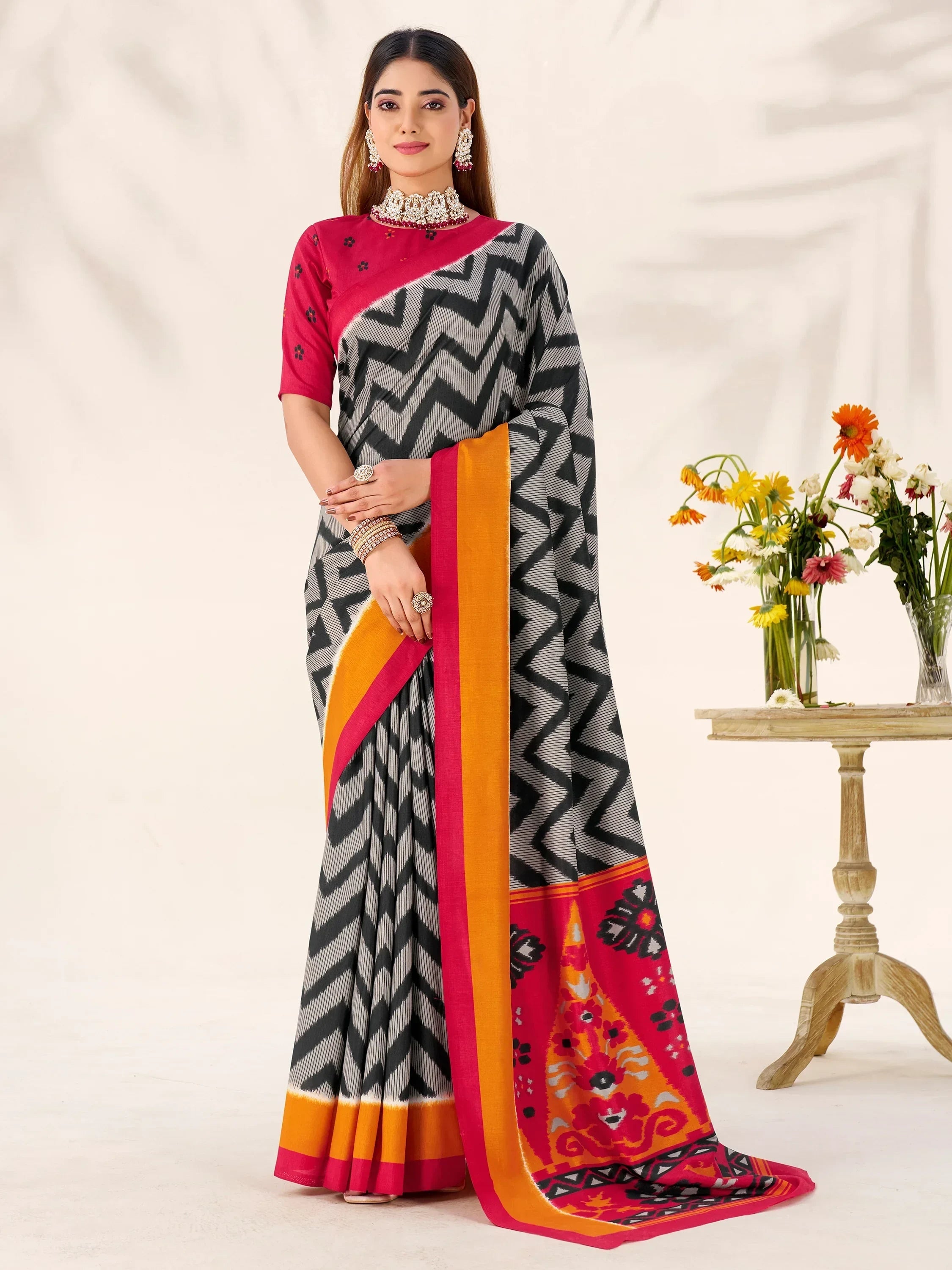 Black Elegant Printed Silk Casual Wear Saree With Blouse