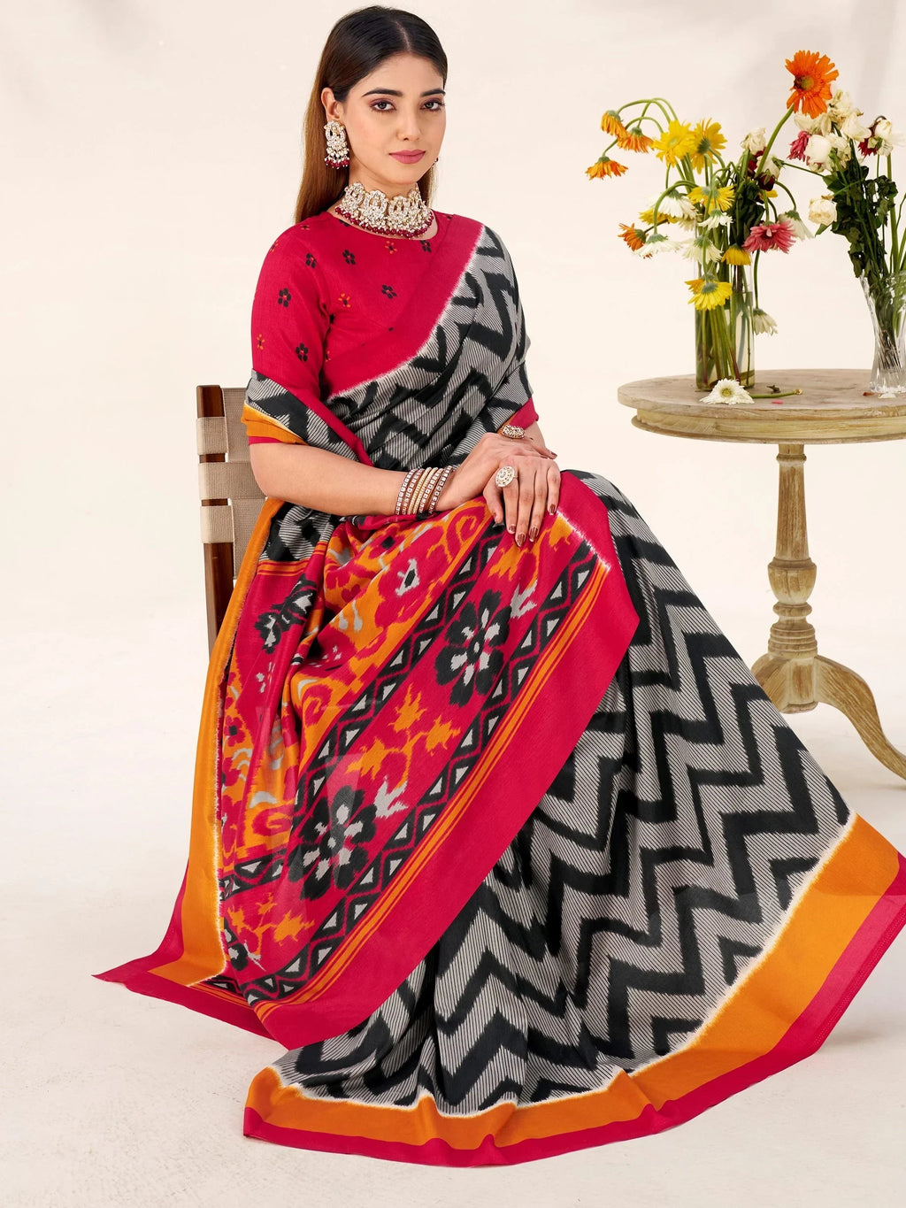 Black Elegant Printed Silk Casual Wear Saree With Blouse