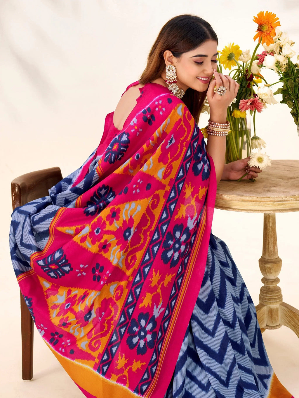 Blue Elegant Printed Silk Casual Wear Saree With Blouse