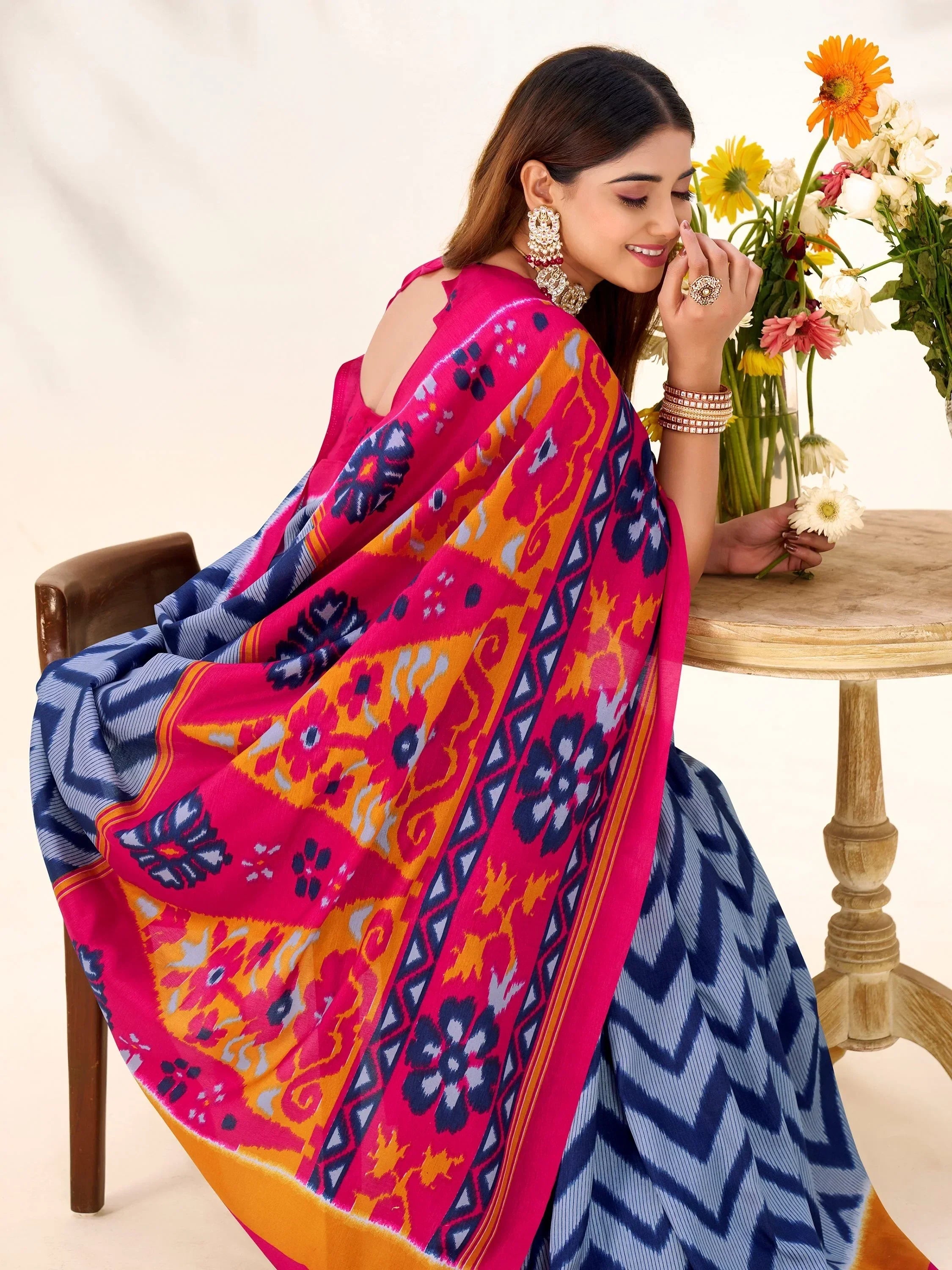 Blue Elegant Printed Silk Casual Wear Saree With Blouse