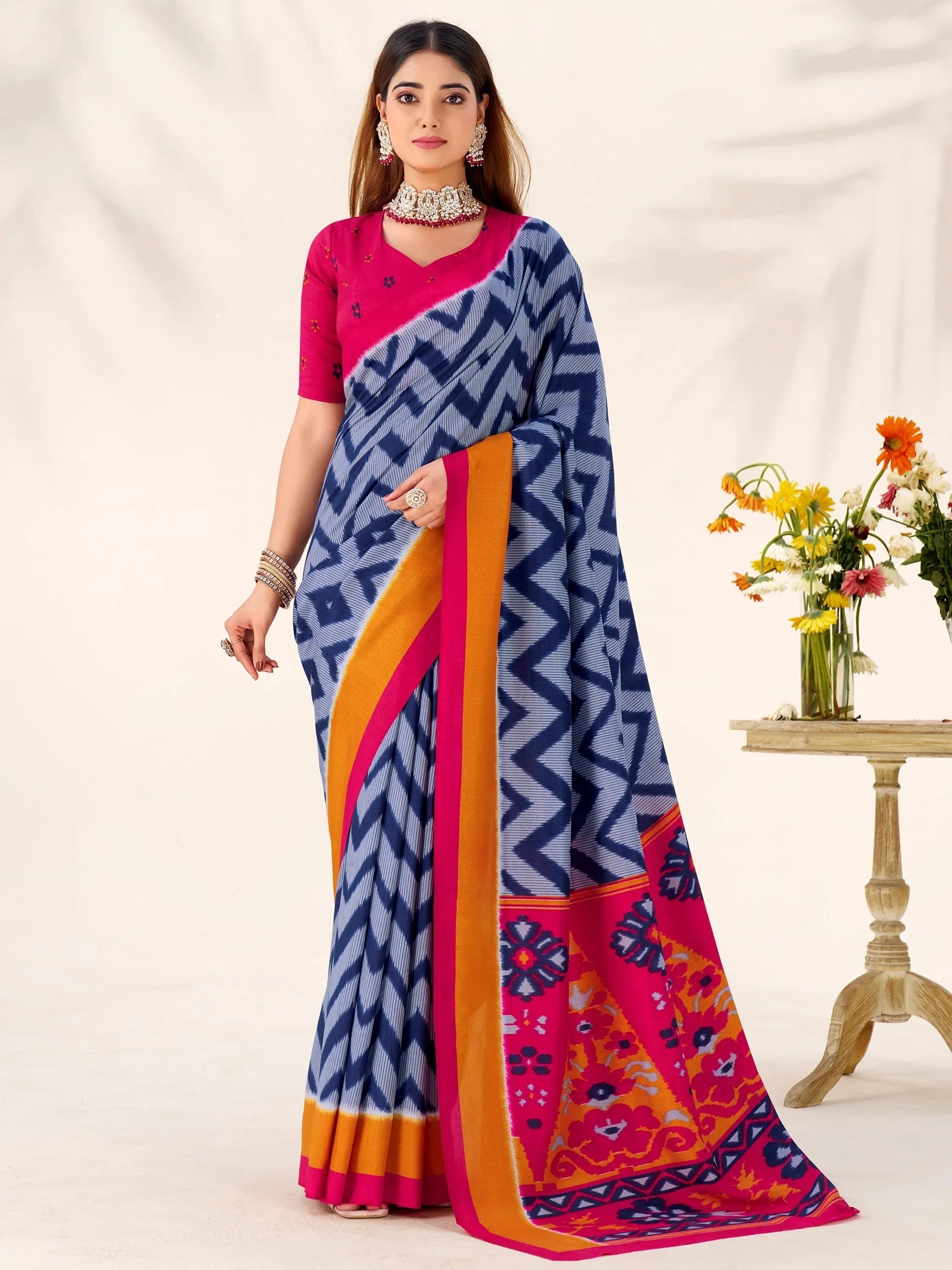 Blue Elegant Printed Silk Casual Wear Saree With Blouse