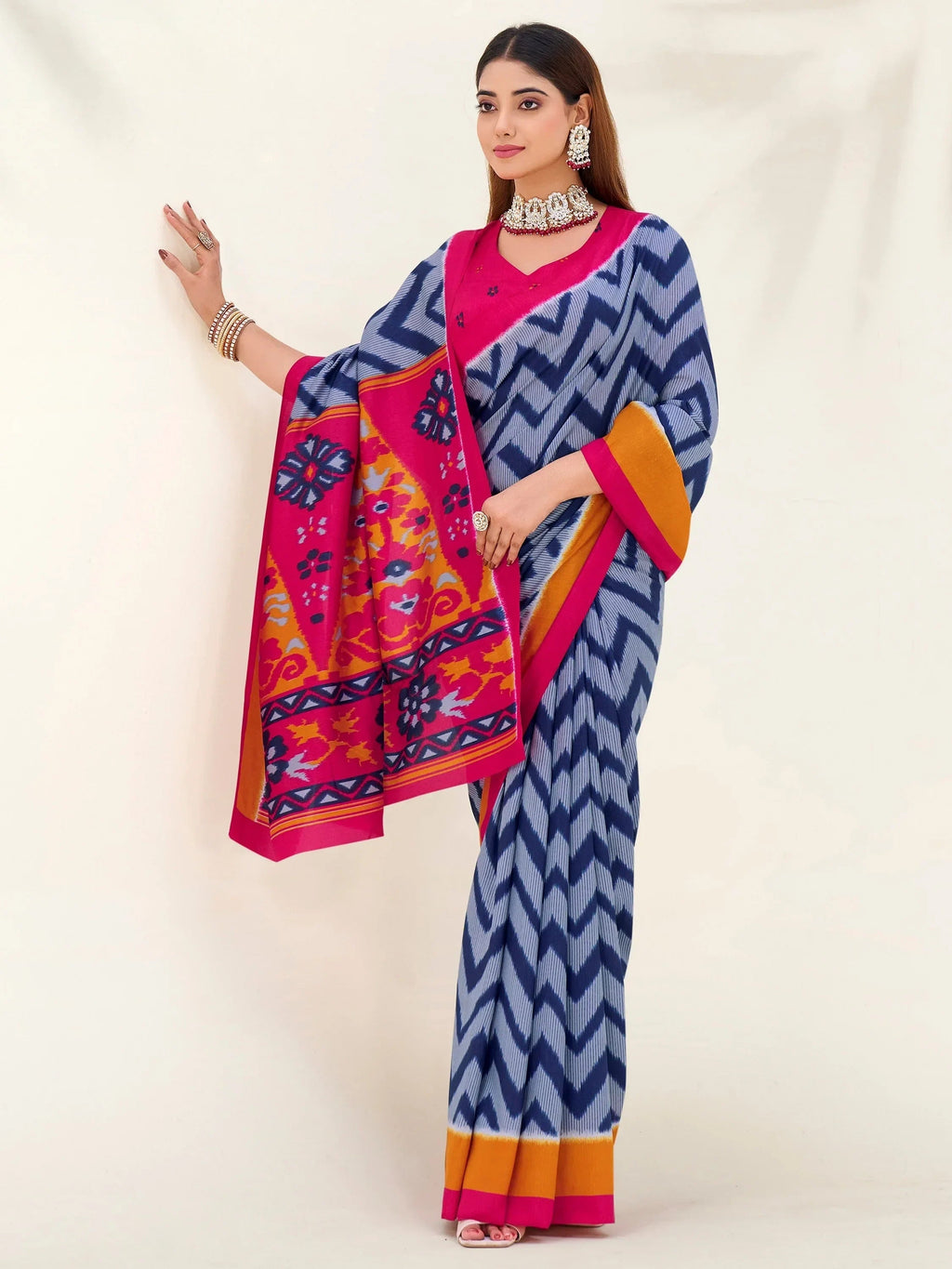 Blue Elegant Printed Silk Casual Wear Saree With Blouse
