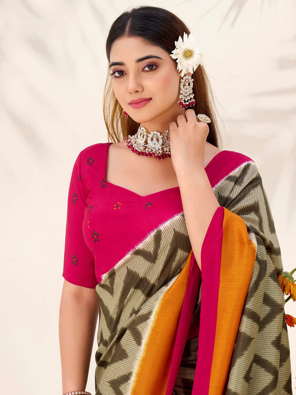 Green Elegant Printed Silk Casual Wear Saree With Blouse