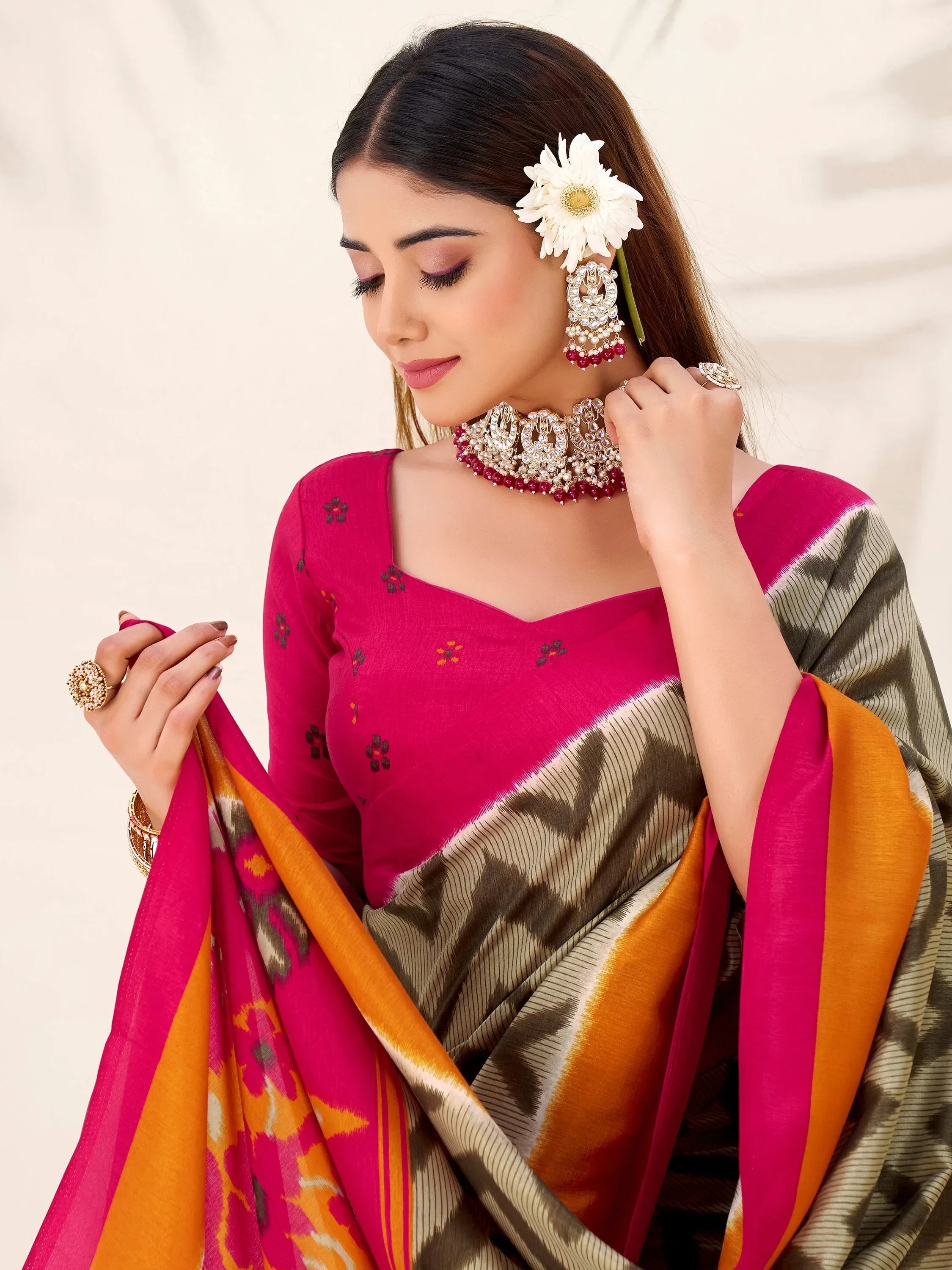 Green Elegant Printed Silk Casual Wear Saree With Blouse