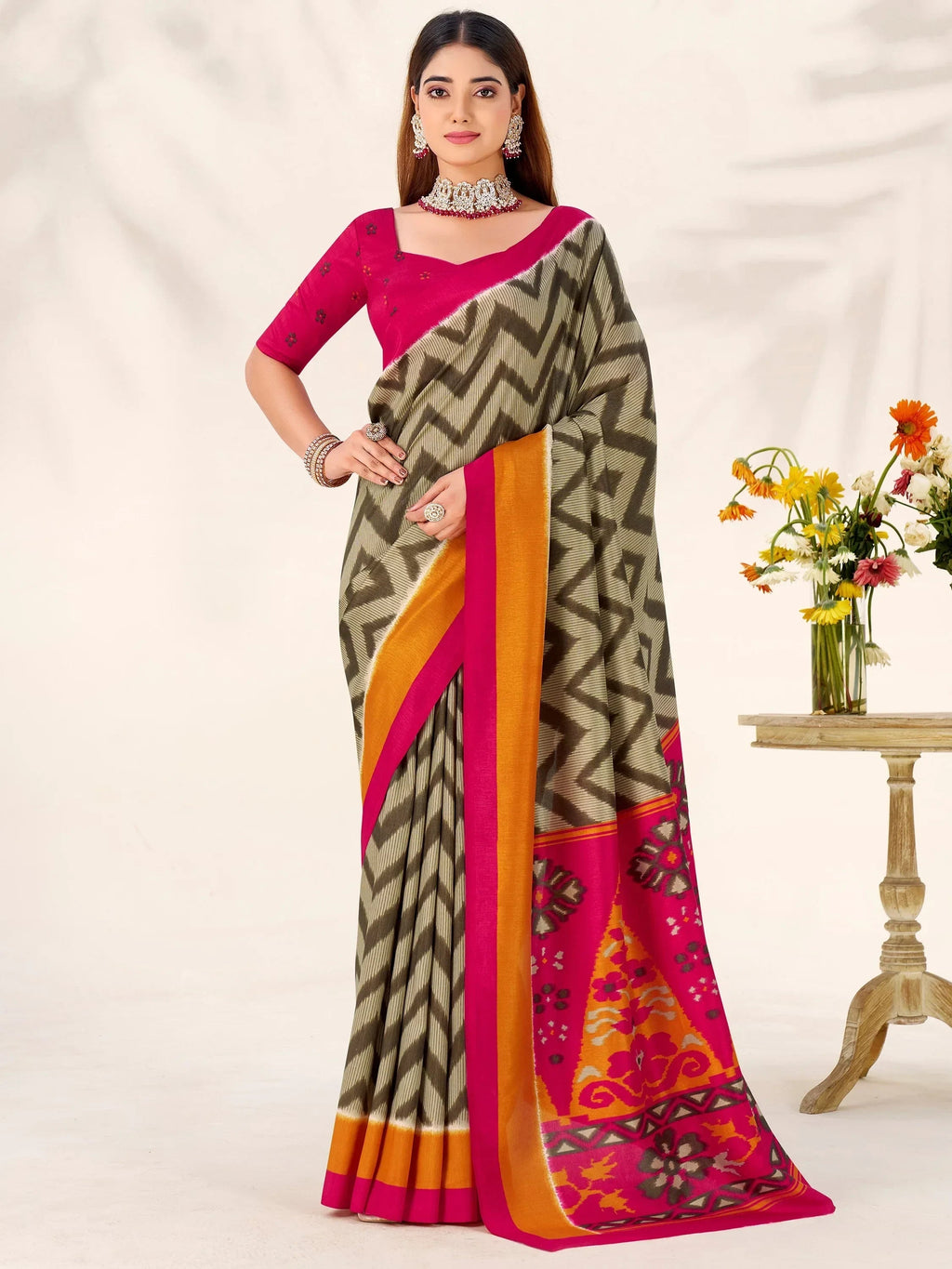 Green Elegant Printed Silk Casual Wear Saree With Blouse
