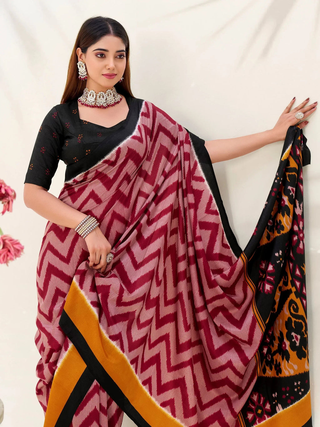 Maroon Elegant Printed Silk Casual Wear Saree With Blouse