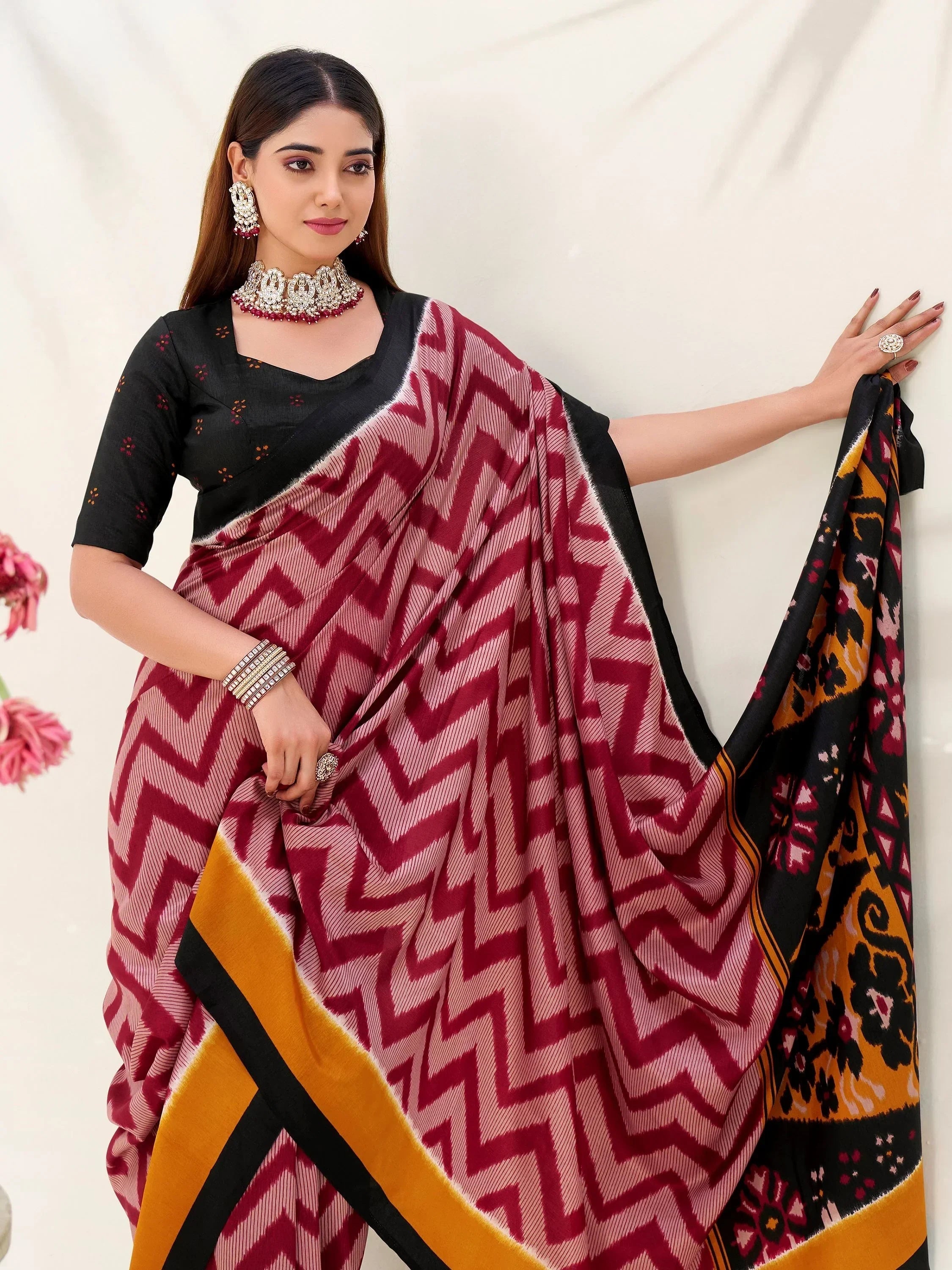 Maroon Elegant Printed Silk Casual Wear Saree With Blouse