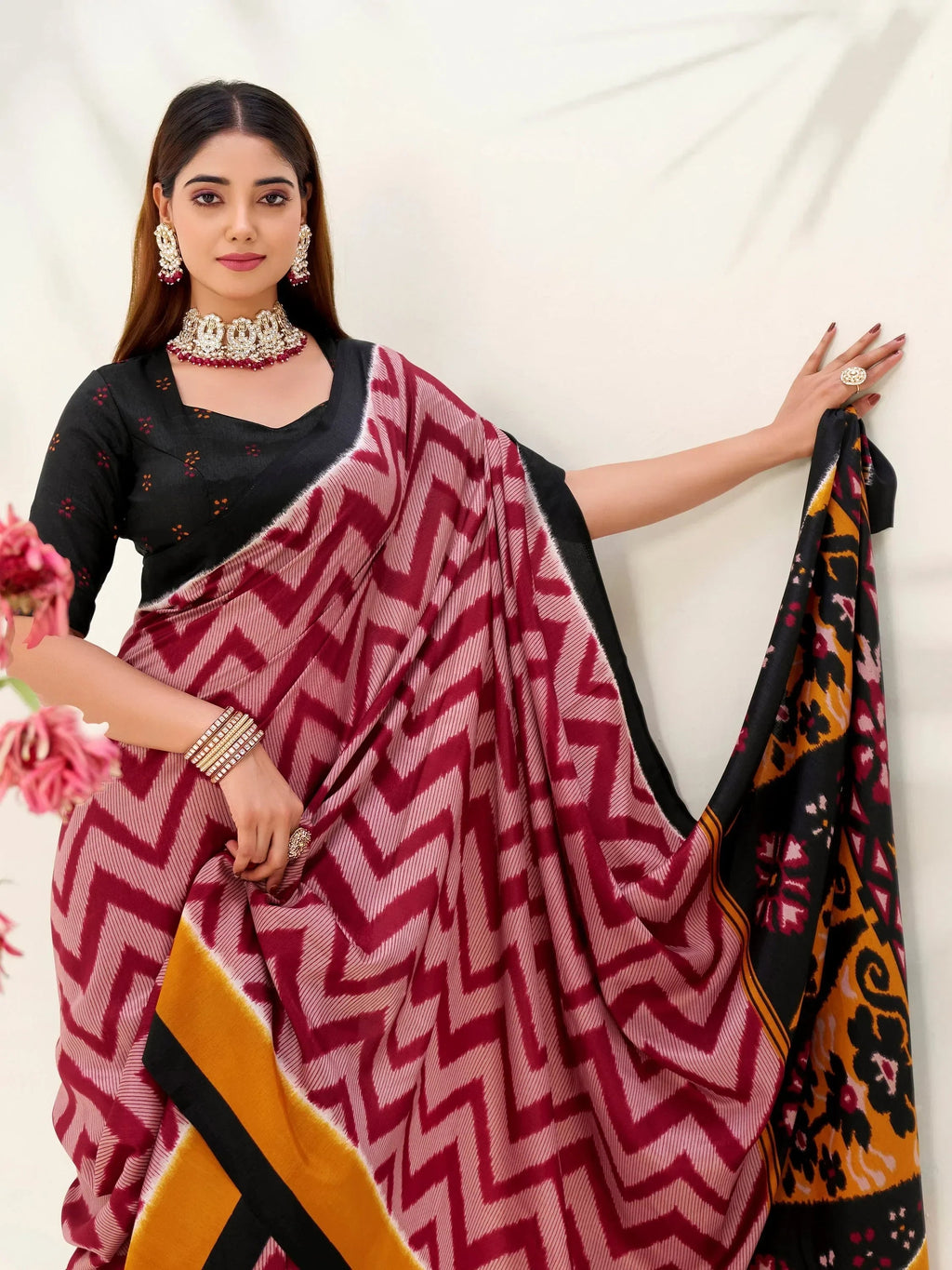 Maroon Elegant Printed Silk Casual Wear Saree With Blouse