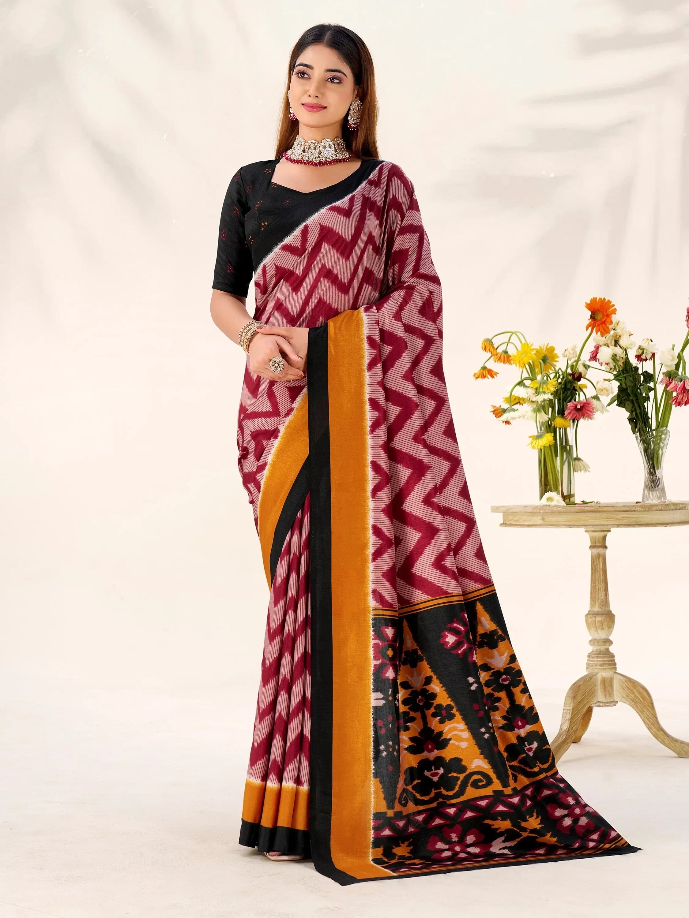 Maroon Elegant Printed Silk Casual Wear Saree With Blouse