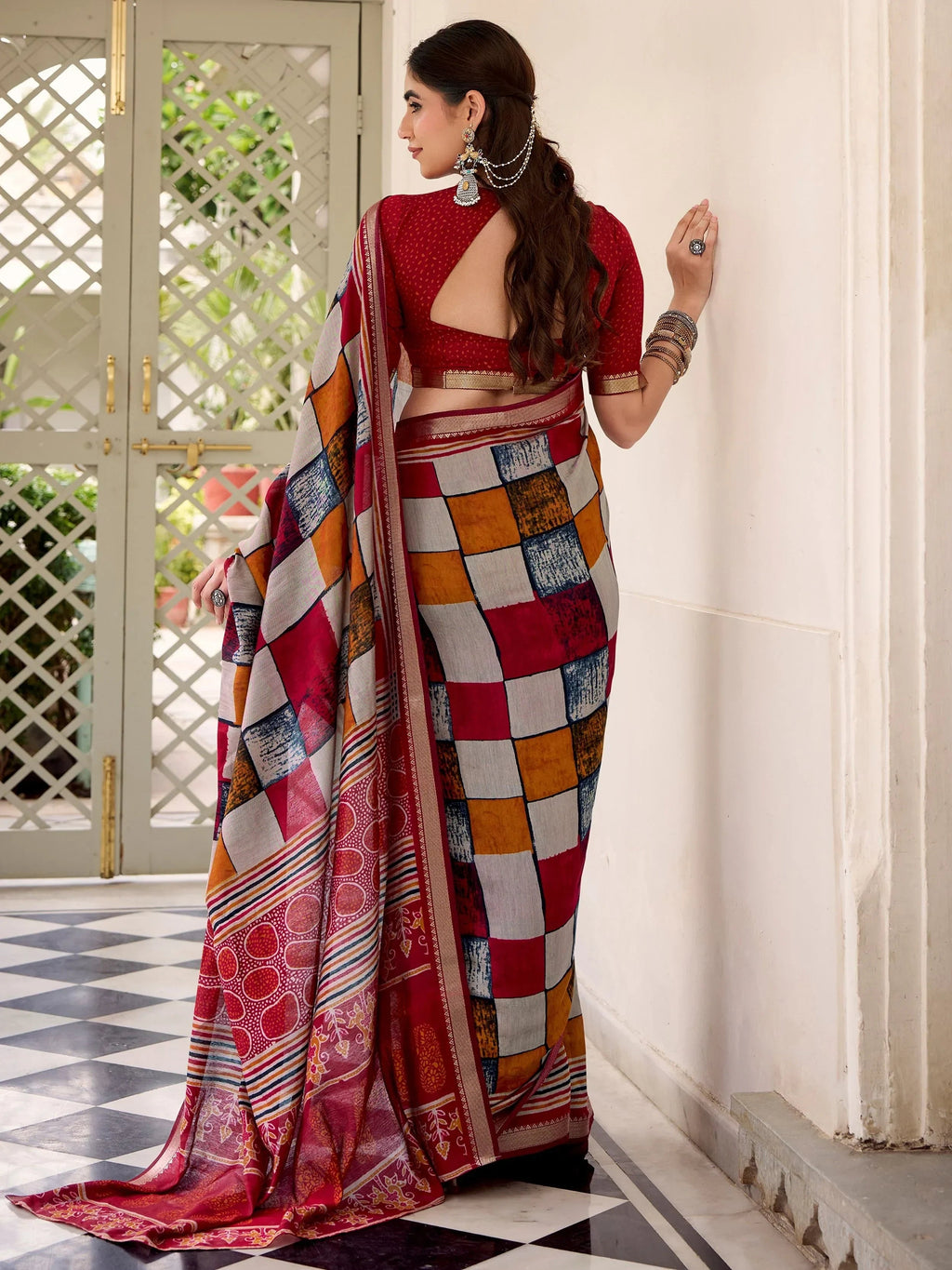 Maroon Pretty Digital Printed Polyester Casual Wear Saree With Blouse