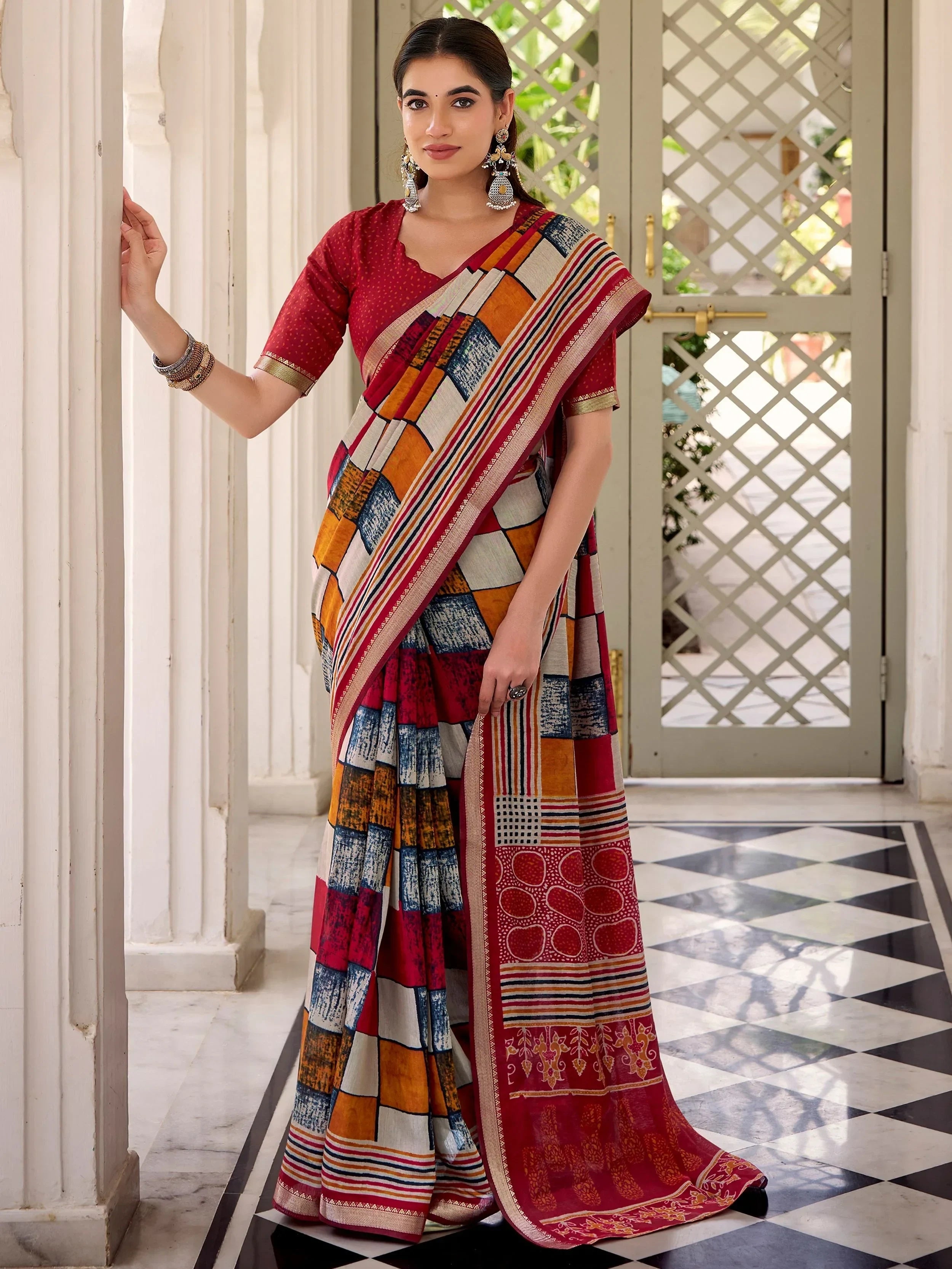 Maroon Pretty Digital Printed Polyester Casual Wear Saree With Blouse