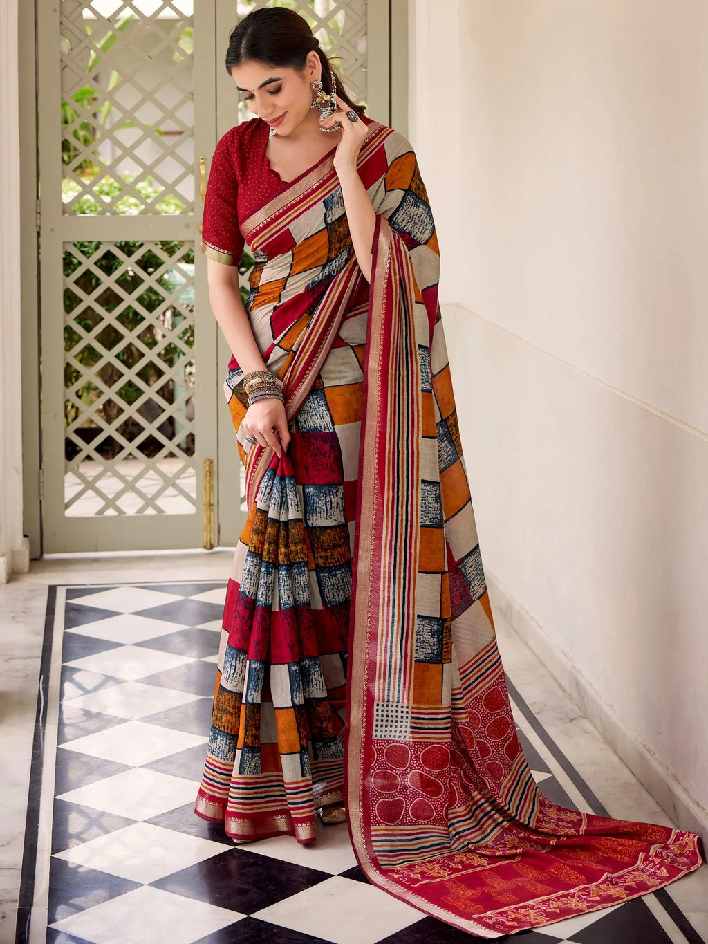 Maroon Pretty Digital Printed Polyester Casual Wear Saree With Blouse