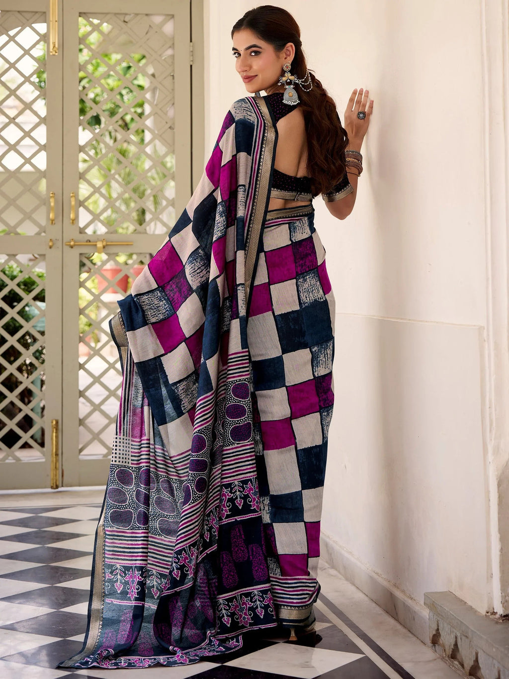 Blue Pretty Digital Printed Polyester Casual Wear Saree With Blouse