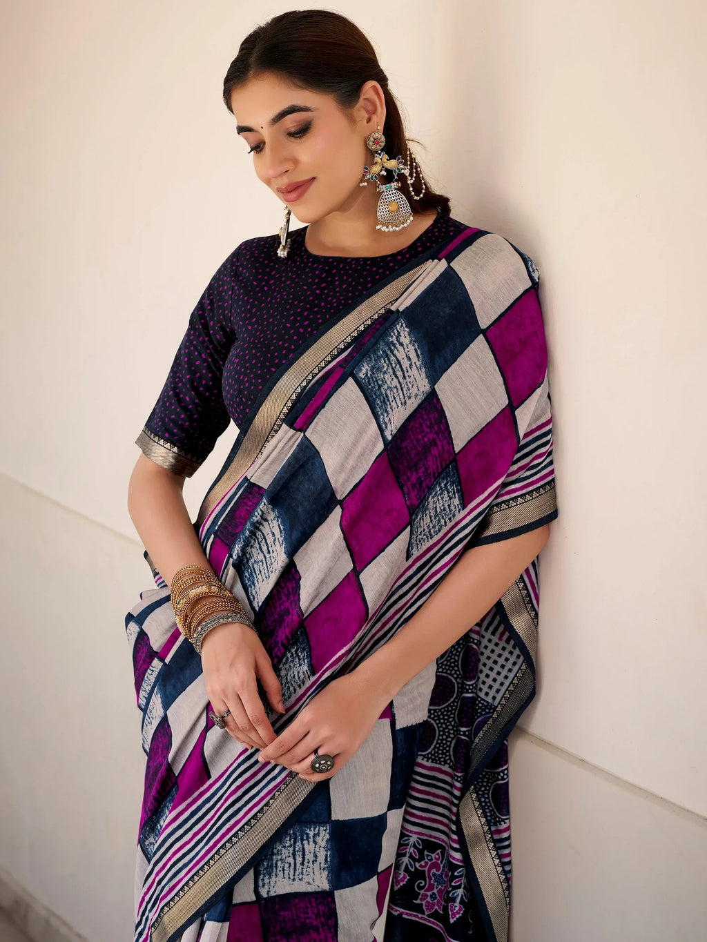 Blue Pretty Digital Printed Polyester Casual Wear Saree With Blouse