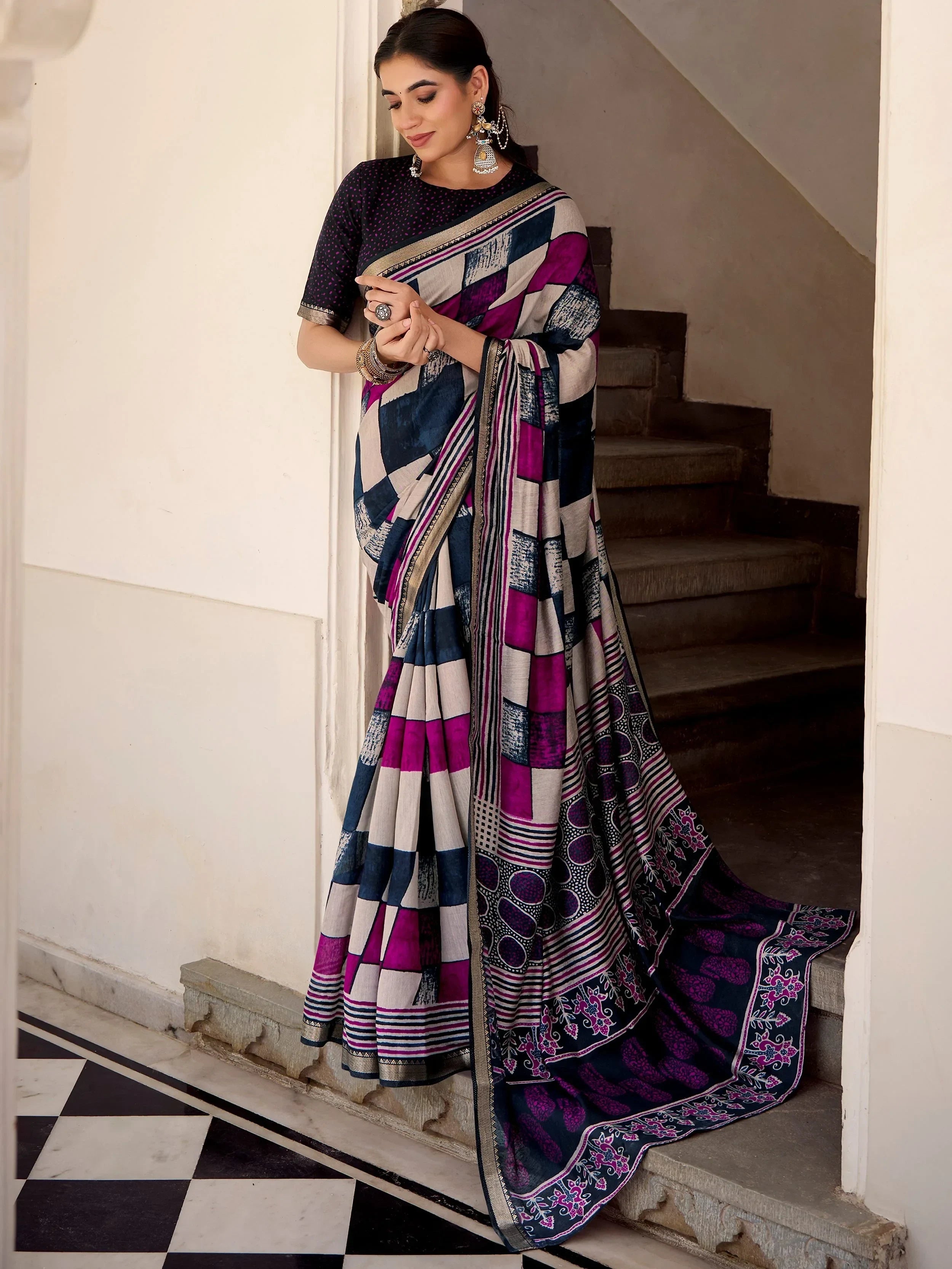 Blue Pretty Digital Printed Polyester Casual Wear Saree With Blouse