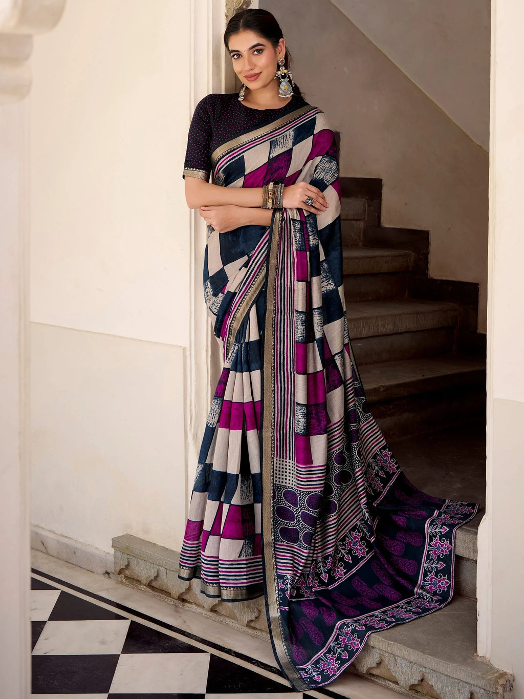 Blue Pretty Digital Printed Polyester Casual Wear Saree With Blouse