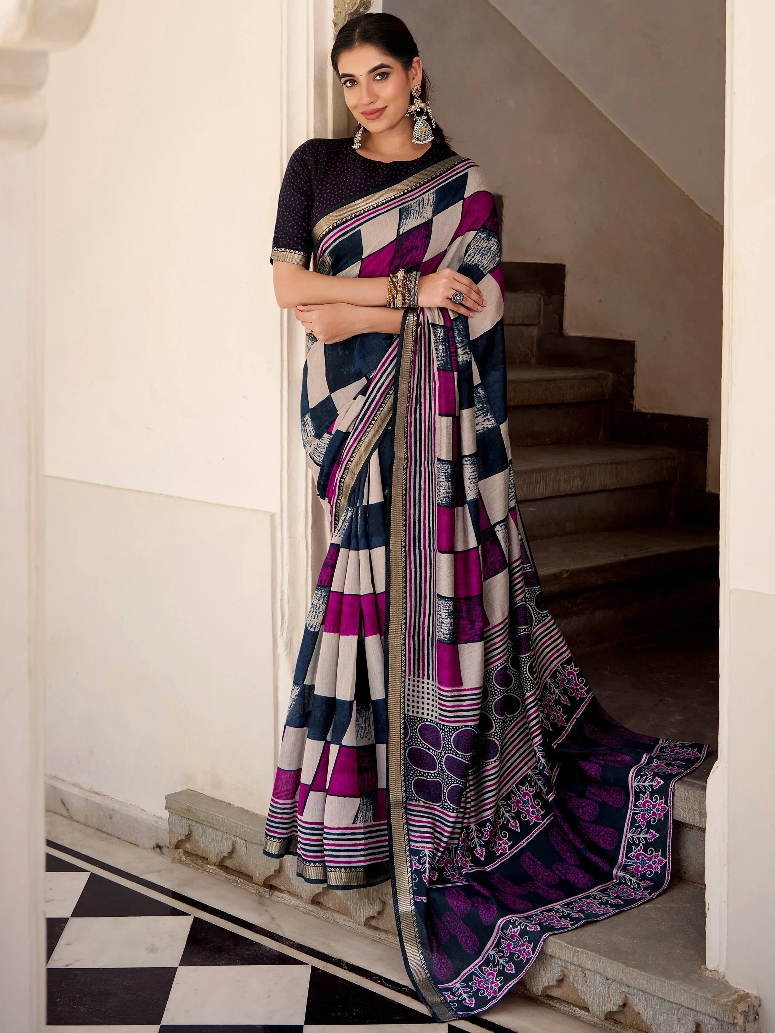 Blue Pretty Digital Printed Polyester Casual Wear Saree With Blouse