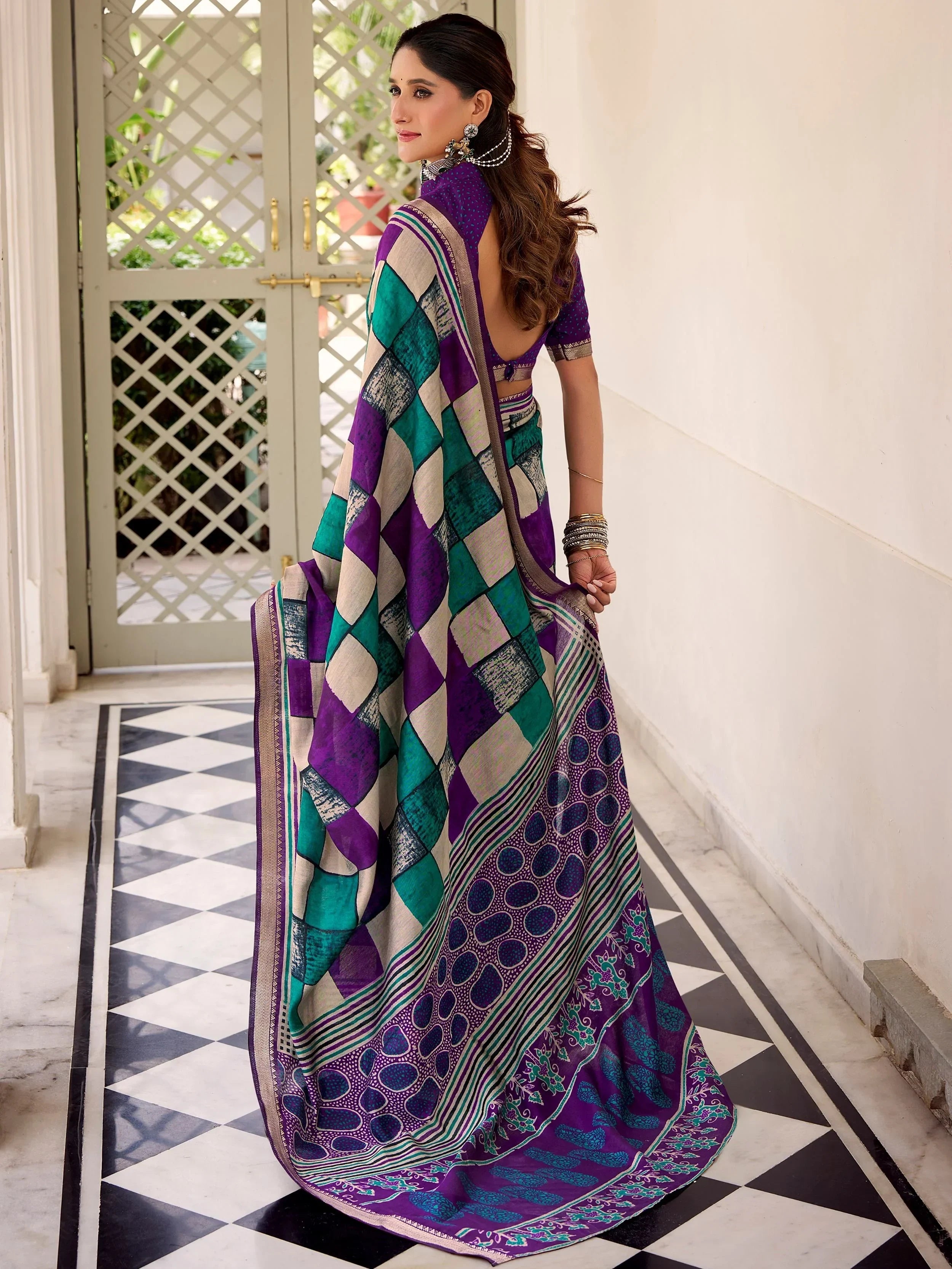 Purple Pretty Digital Printed Polyester Casual Wear Saree With Blouse