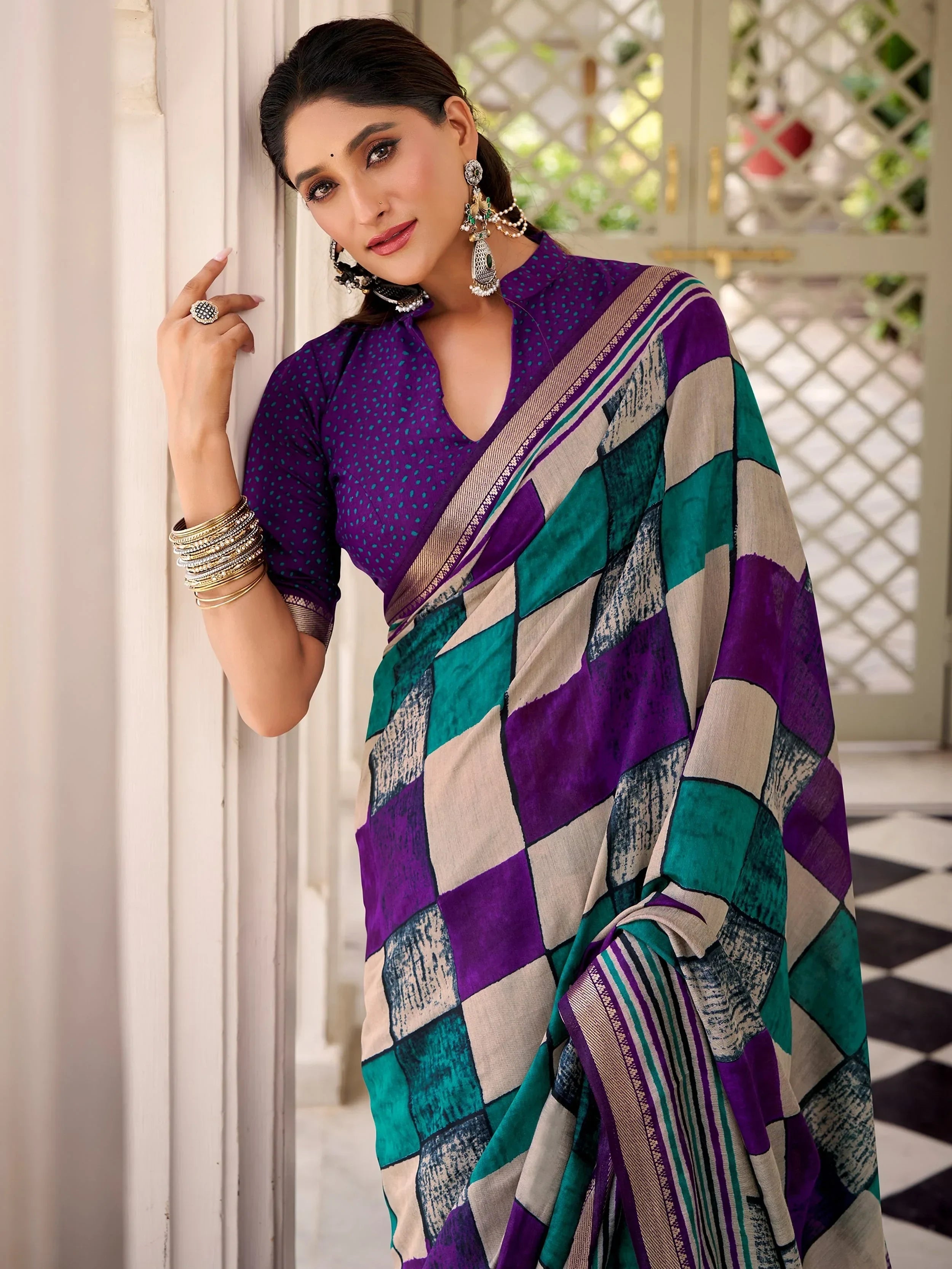 Purple Pretty Digital Printed Polyester Casual Wear Saree With Blouse