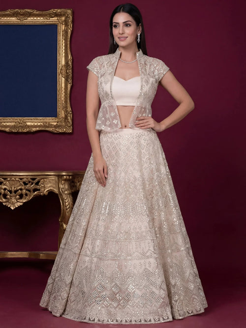 Beautiful Off-White Embroidered Net Party Wear Lehenga Choli