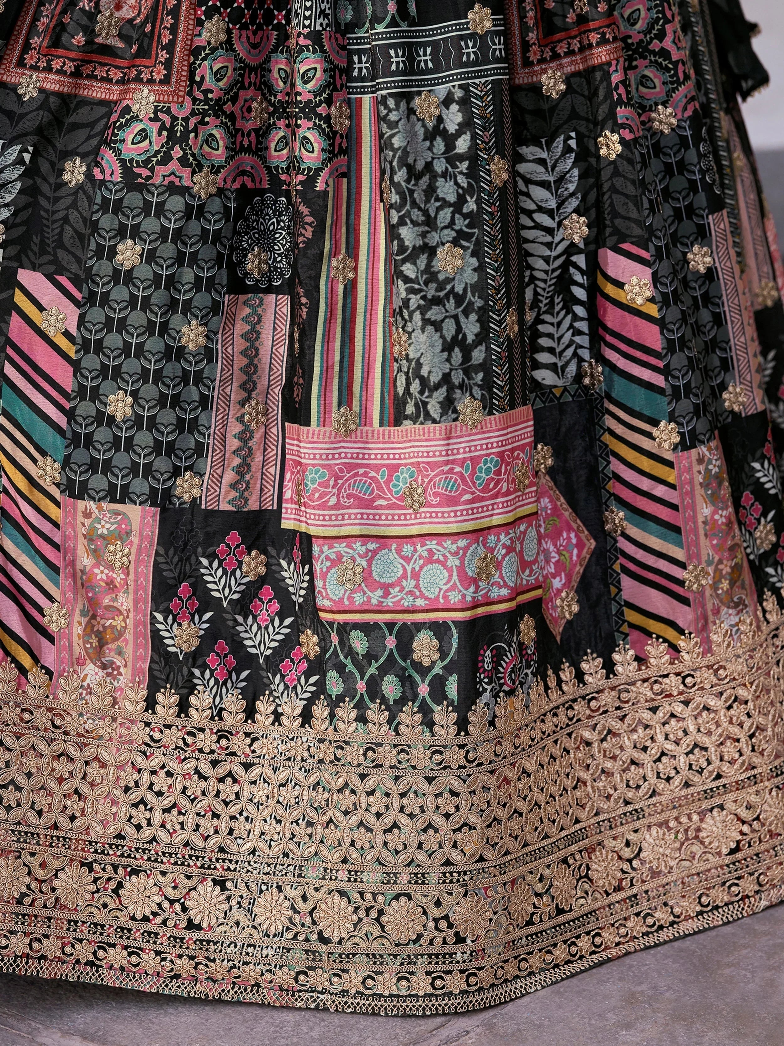 Glamorous Black Chinon Digital Printed Party Wear Lehenga Choli