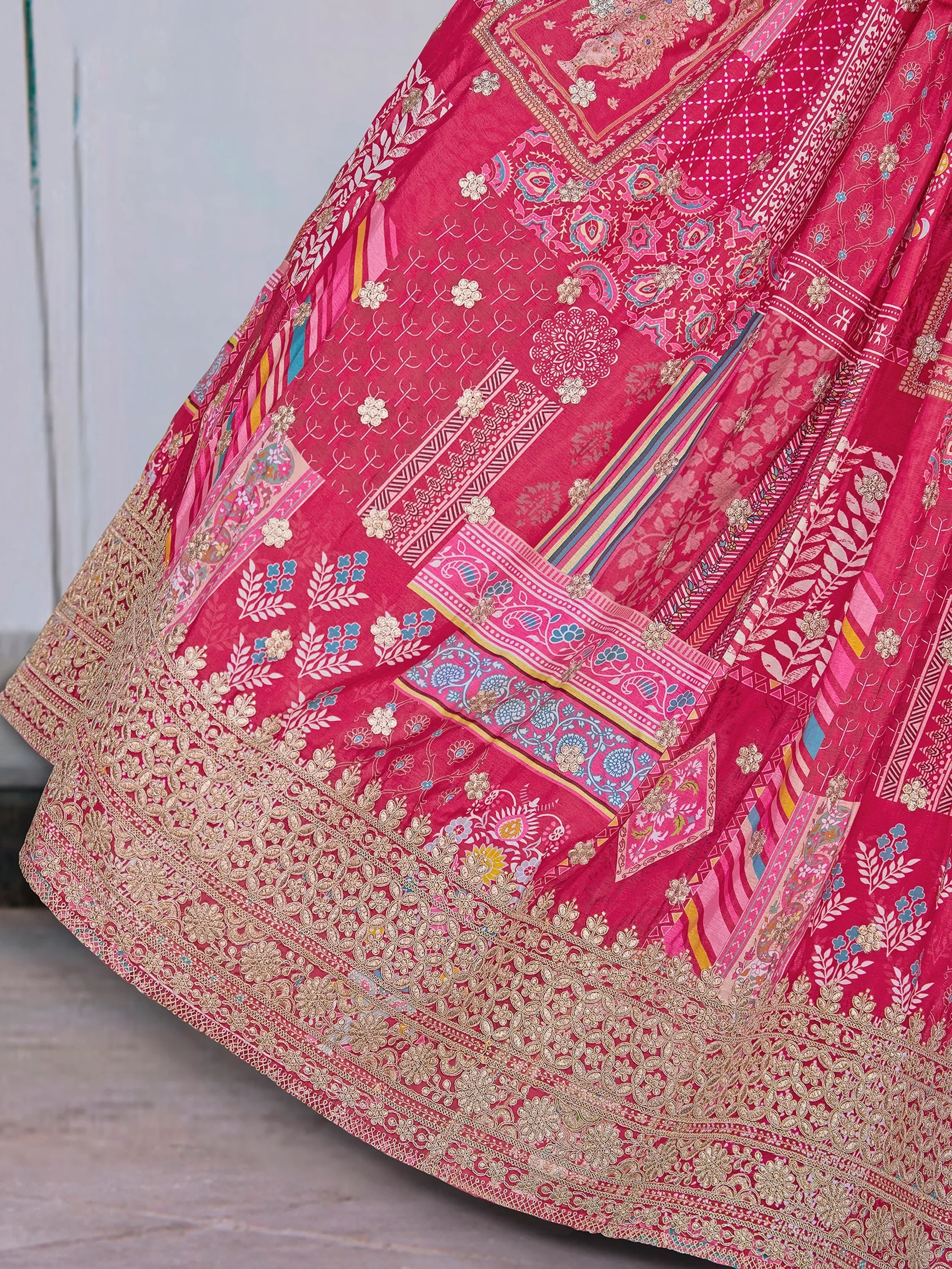Attractive Pink Chinon Thread Embroidered Wedding Wear Lehenga Choli