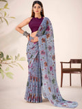 Grey Glamorous Floral Printed Geogette Casual Wear Saree With Blouse