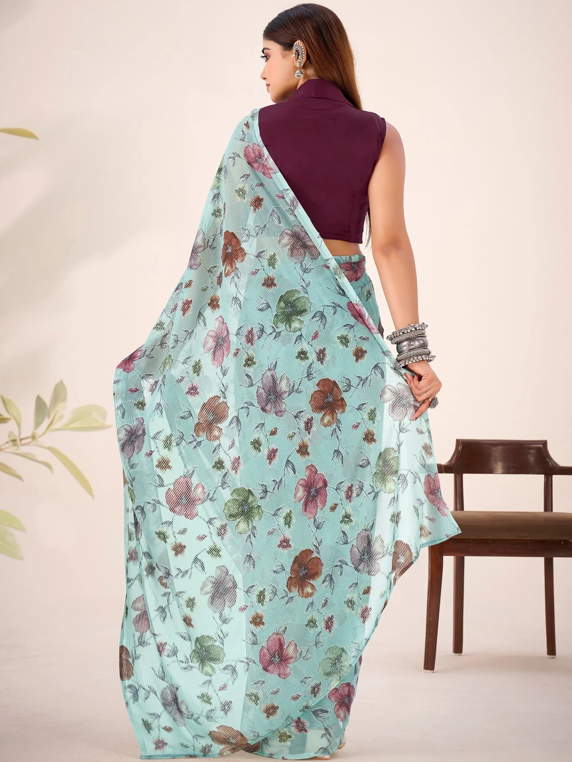 Sea Green Glamorous Floral Printed Geogette Casual Wear Saree With Blouse