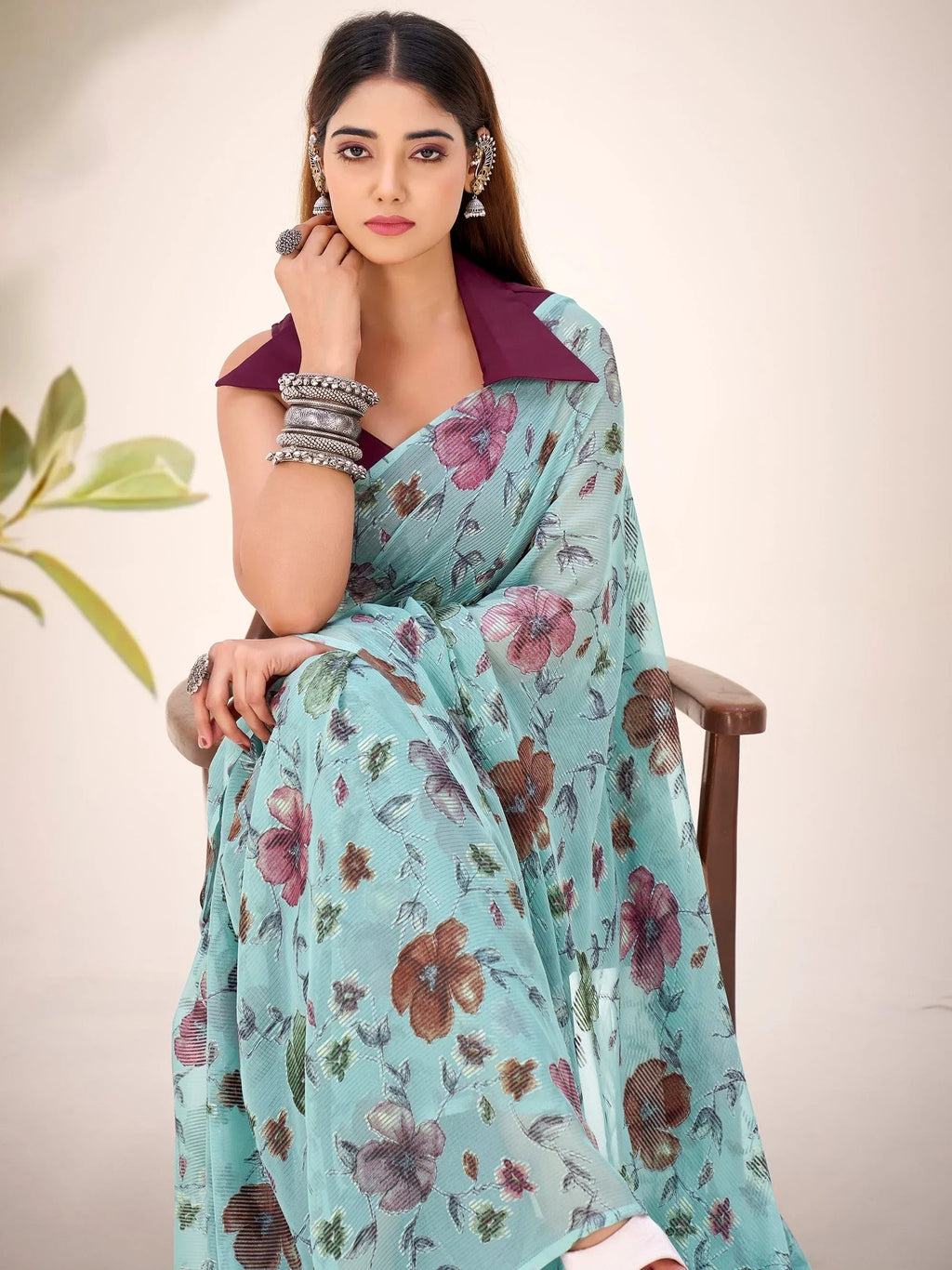 Sea Green Glamorous Floral Printed Geogette Casual Wear Saree With Blouse