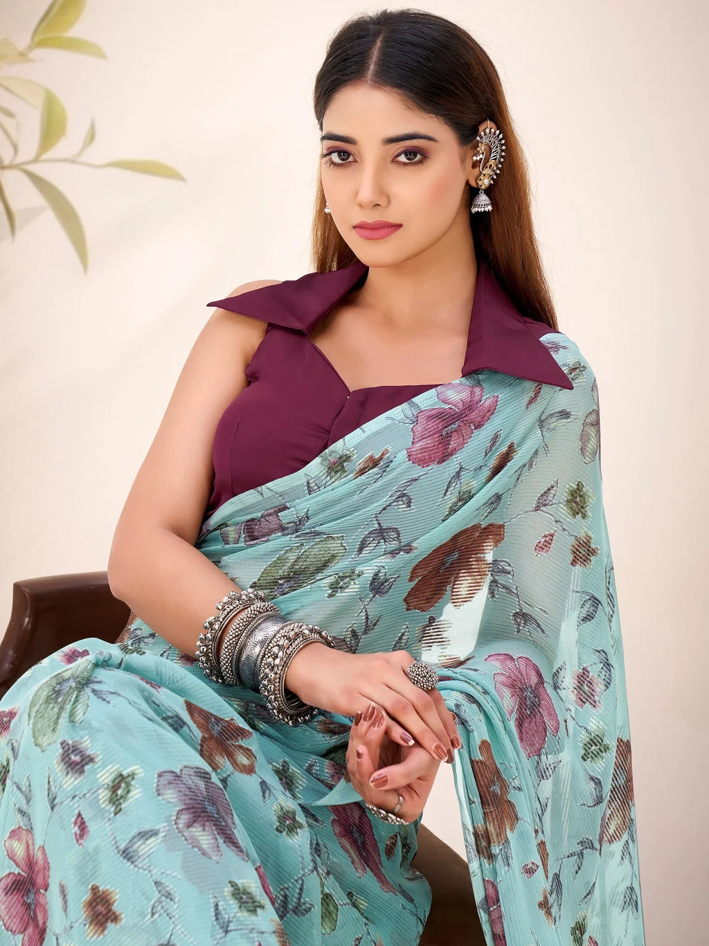 Sea Green Glamorous Floral Printed Geogette Casual Wear Saree With Blouse