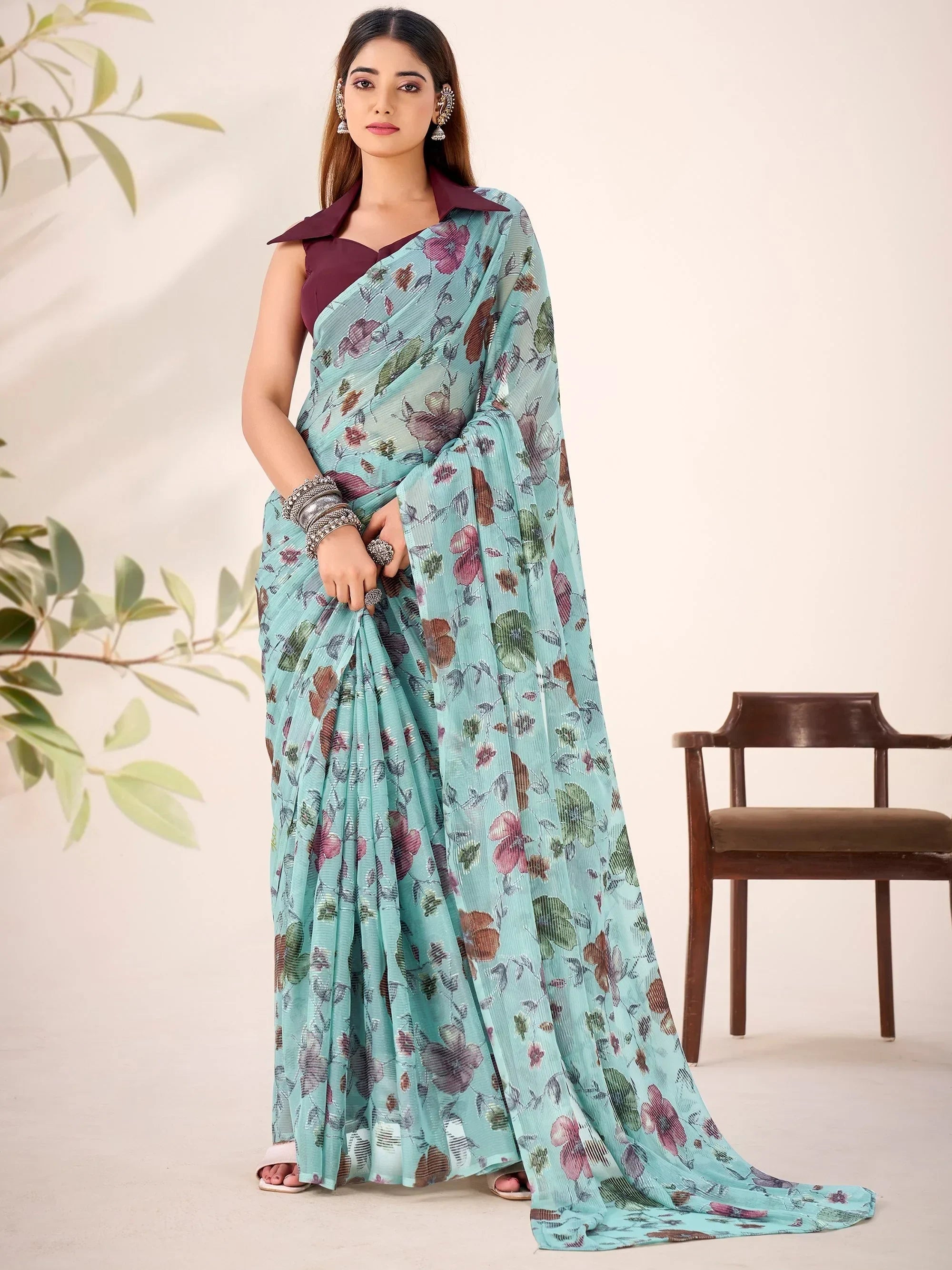 Sea Green Glamorous Floral Printed Geogette Casual Wear Saree With Blouse