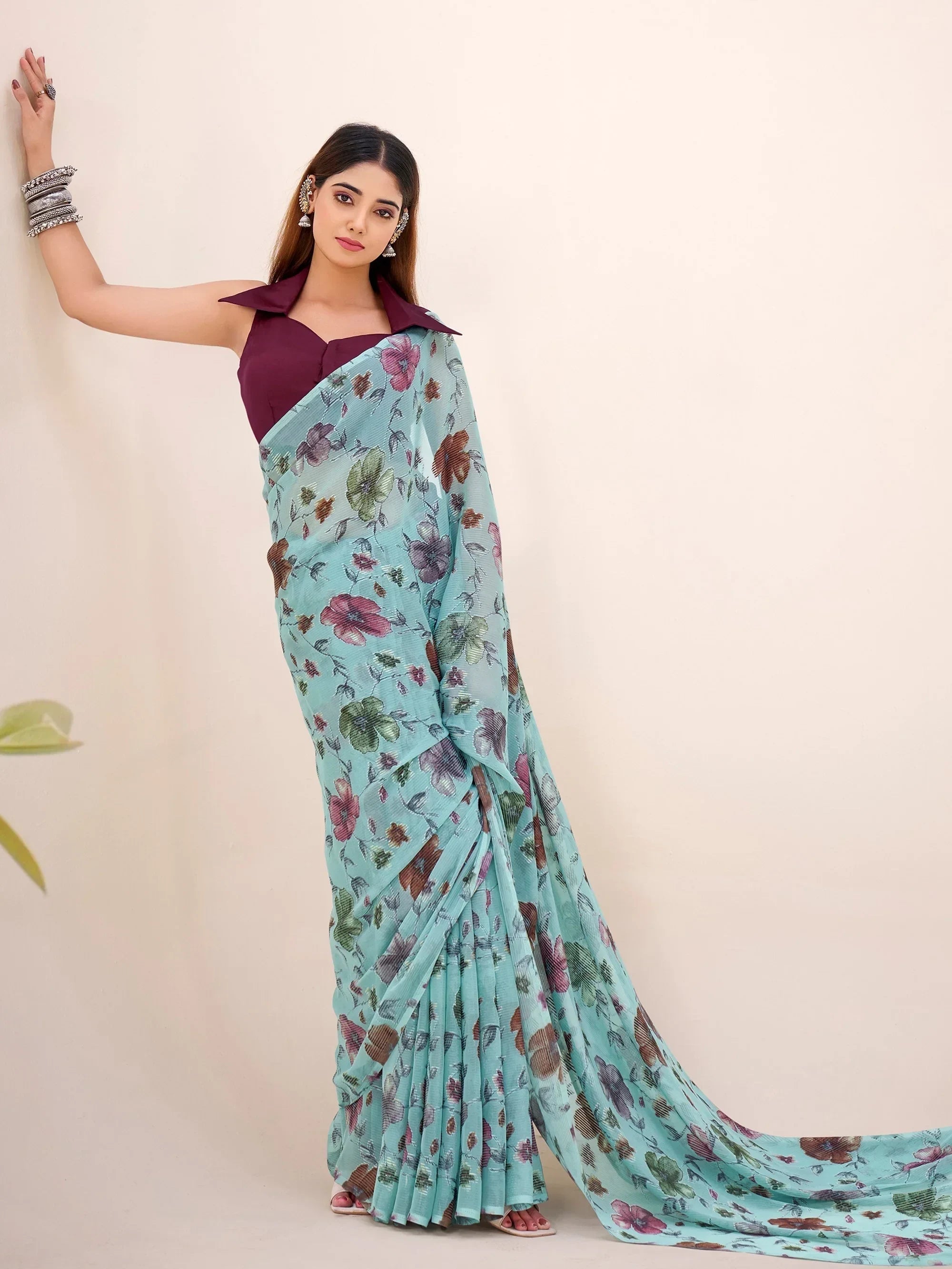 Sea Green Glamorous Floral Printed Geogette Casual Wear Saree With Blouse