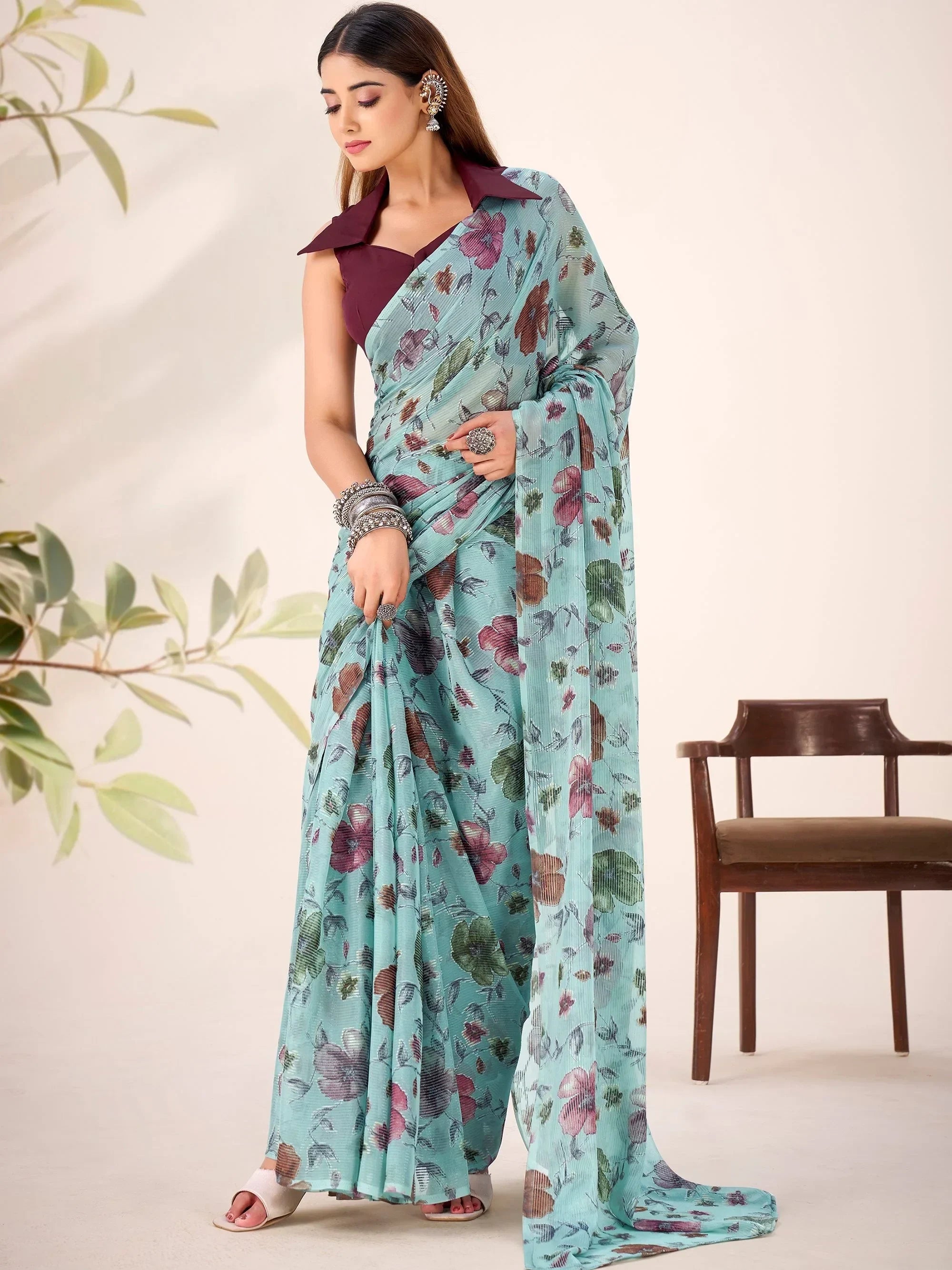 Sea Green Glamorous Floral Printed Geogette Casual Wear Saree With Blouse