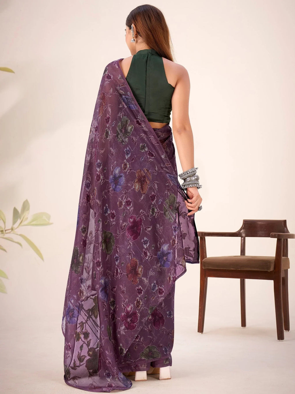 Wine Glamorous Floral Printed Geogette Casual Wear Saree With Blouse