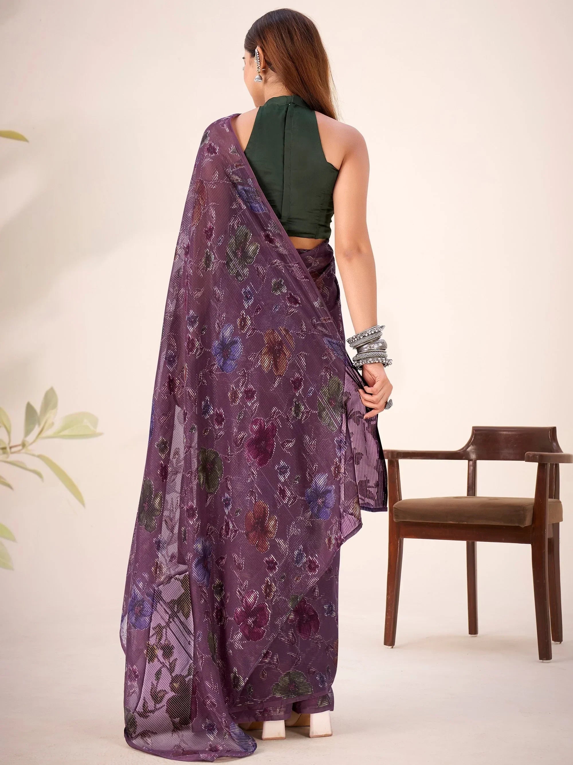 Wine Glamorous Floral Printed Geogette Casual Wear Saree With Blouse