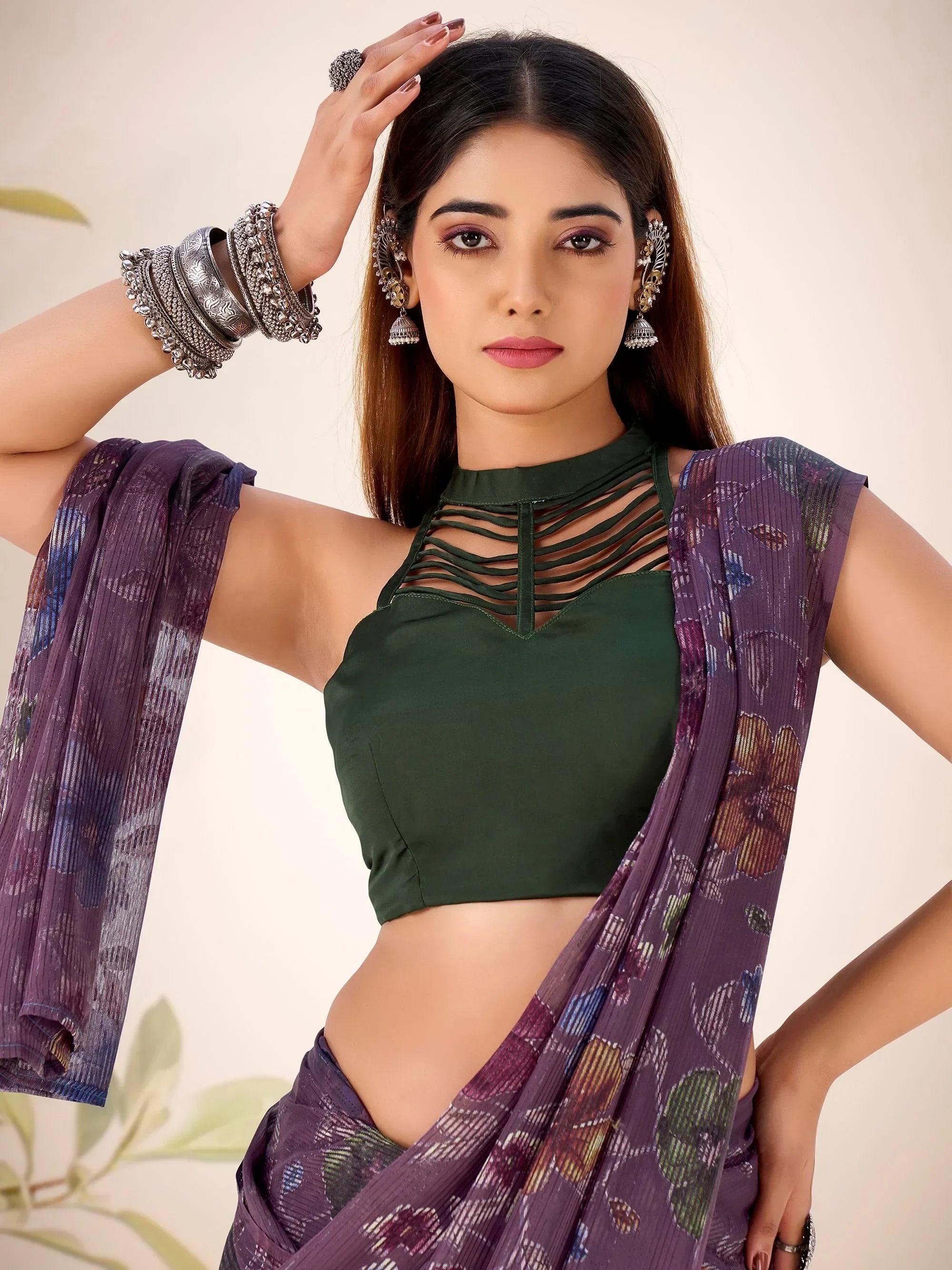 Wine Glamorous Floral Printed Geogette Casual Wear Saree With Blouse