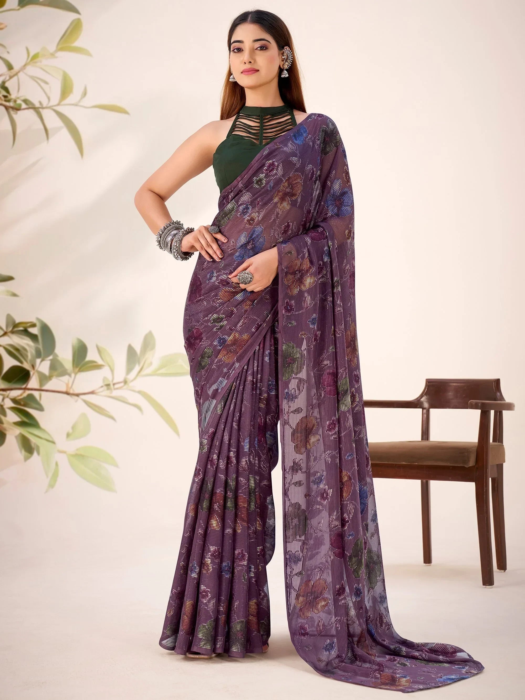 Wine Glamorous Floral Printed Geogette Casual Wear Saree With Blouse