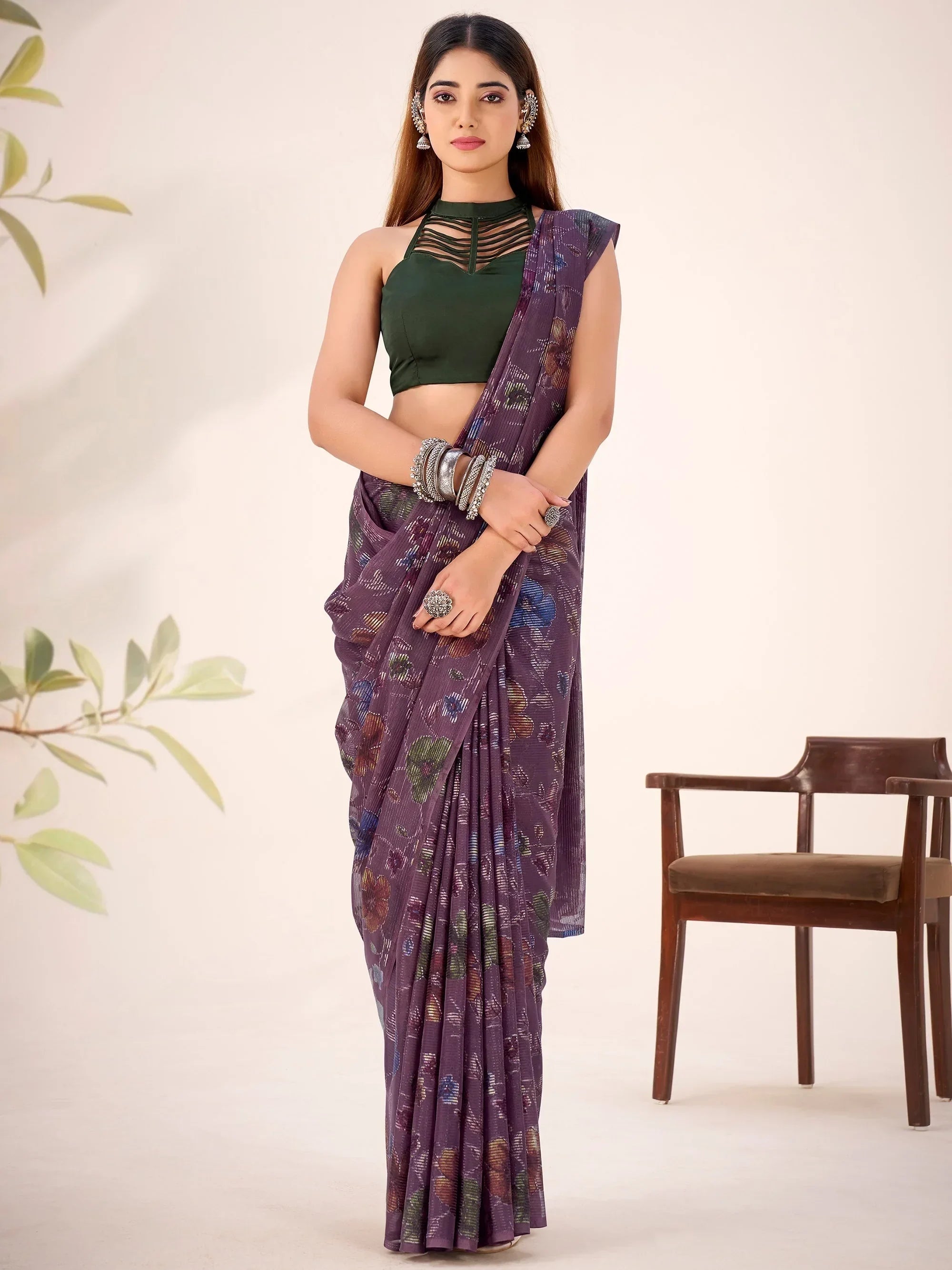 Wine Glamorous Floral Printed Geogette Casual Wear Saree With Blouse