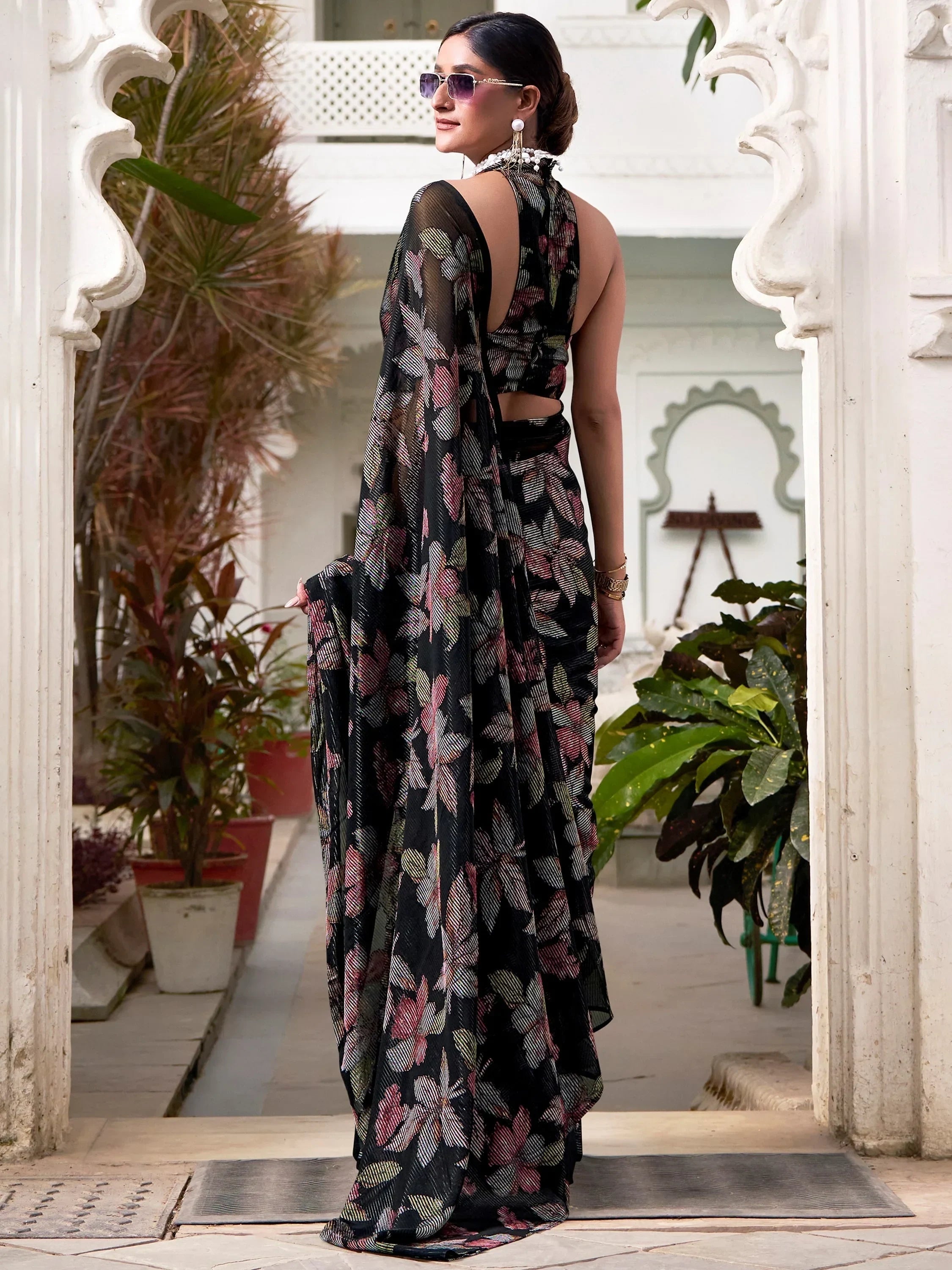 Black Attractive Floral Brasso Casual Wear Saree With Blouse