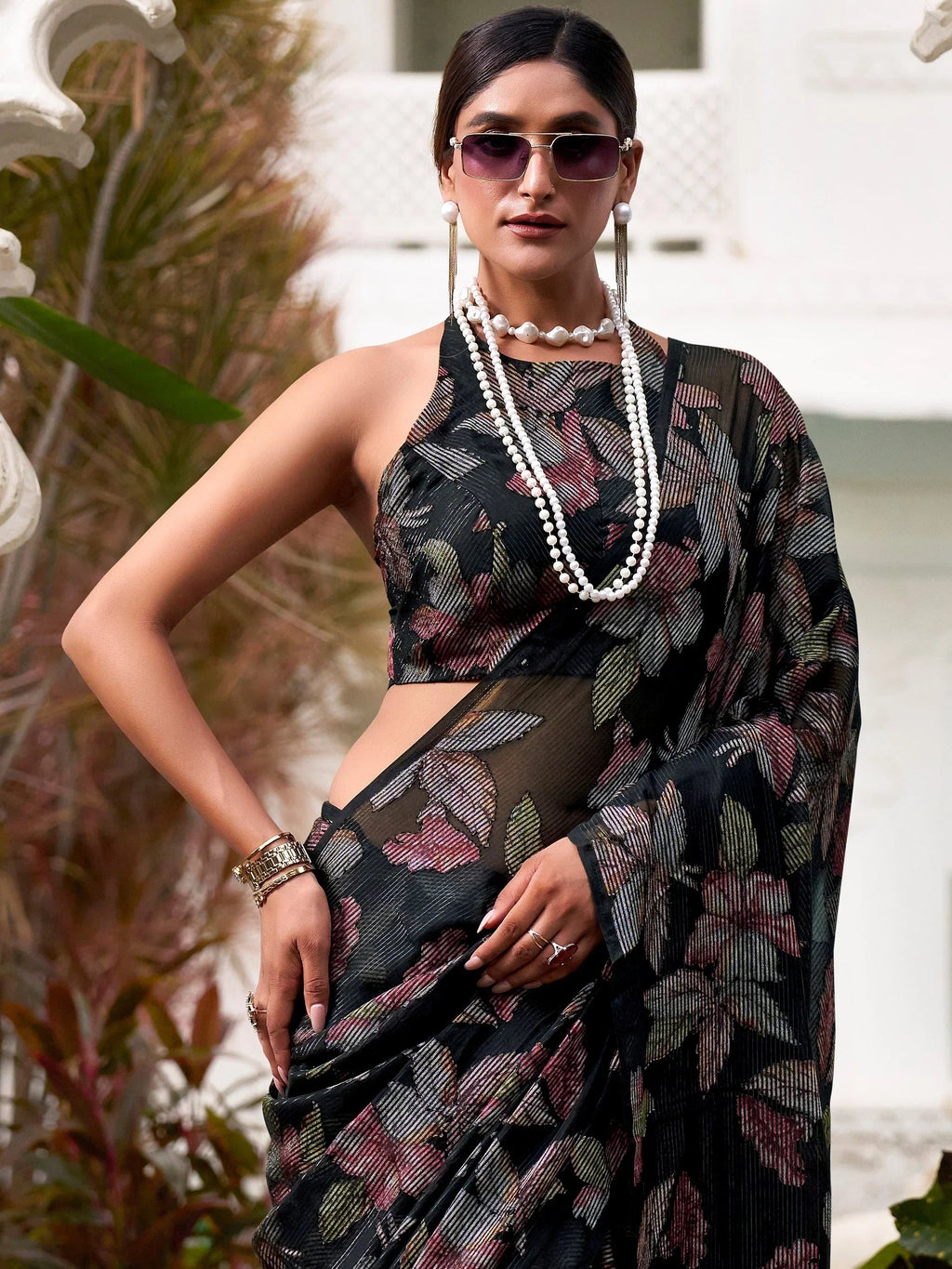 Black Attractive Floral Brasso Casual Wear Saree With Blouse