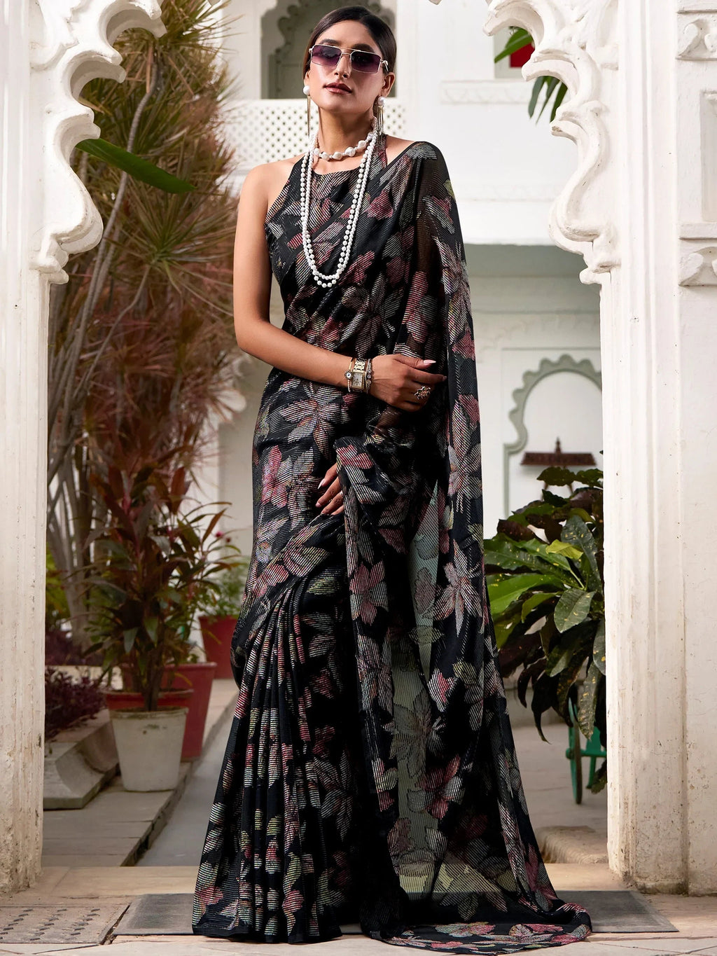 Black Attractive Floral Brasso Casual Wear Saree With Blouse