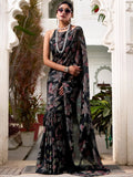 Black Attractive Floral Brasso Casual Wear Saree With Blouse